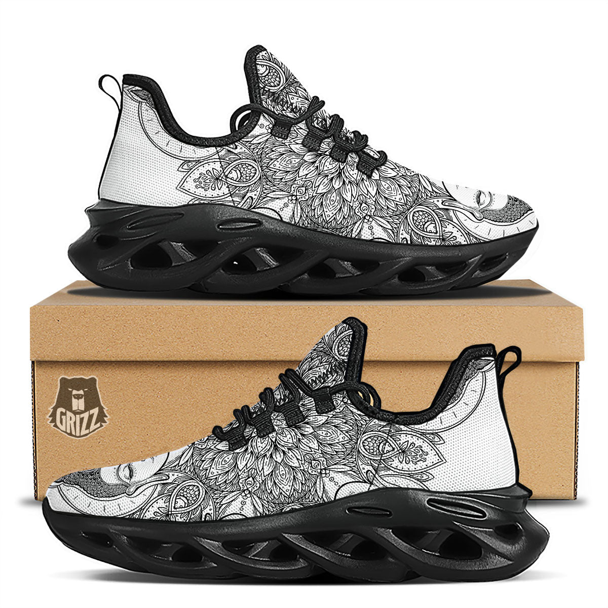 Buddha Face Ornate Mandala Print Black Running Shoes-grizzshop