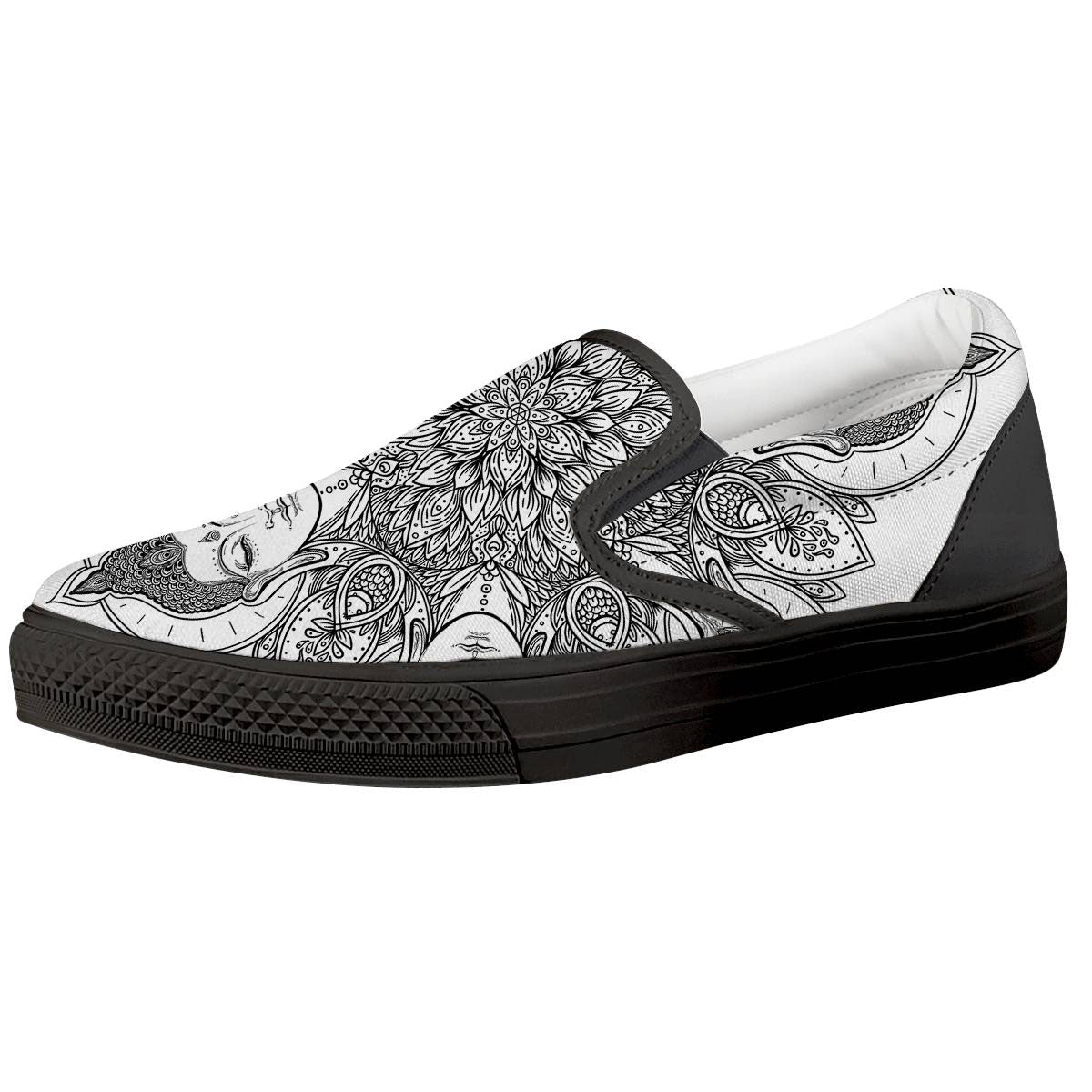 Buddha Face Ornate Mandala Print Black Slip On Shoes-grizzshop