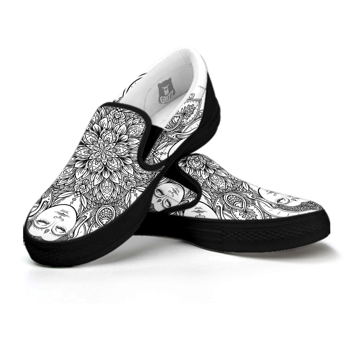 Buddha Face Ornate Mandala Print Black Slip On Shoes-grizzshop