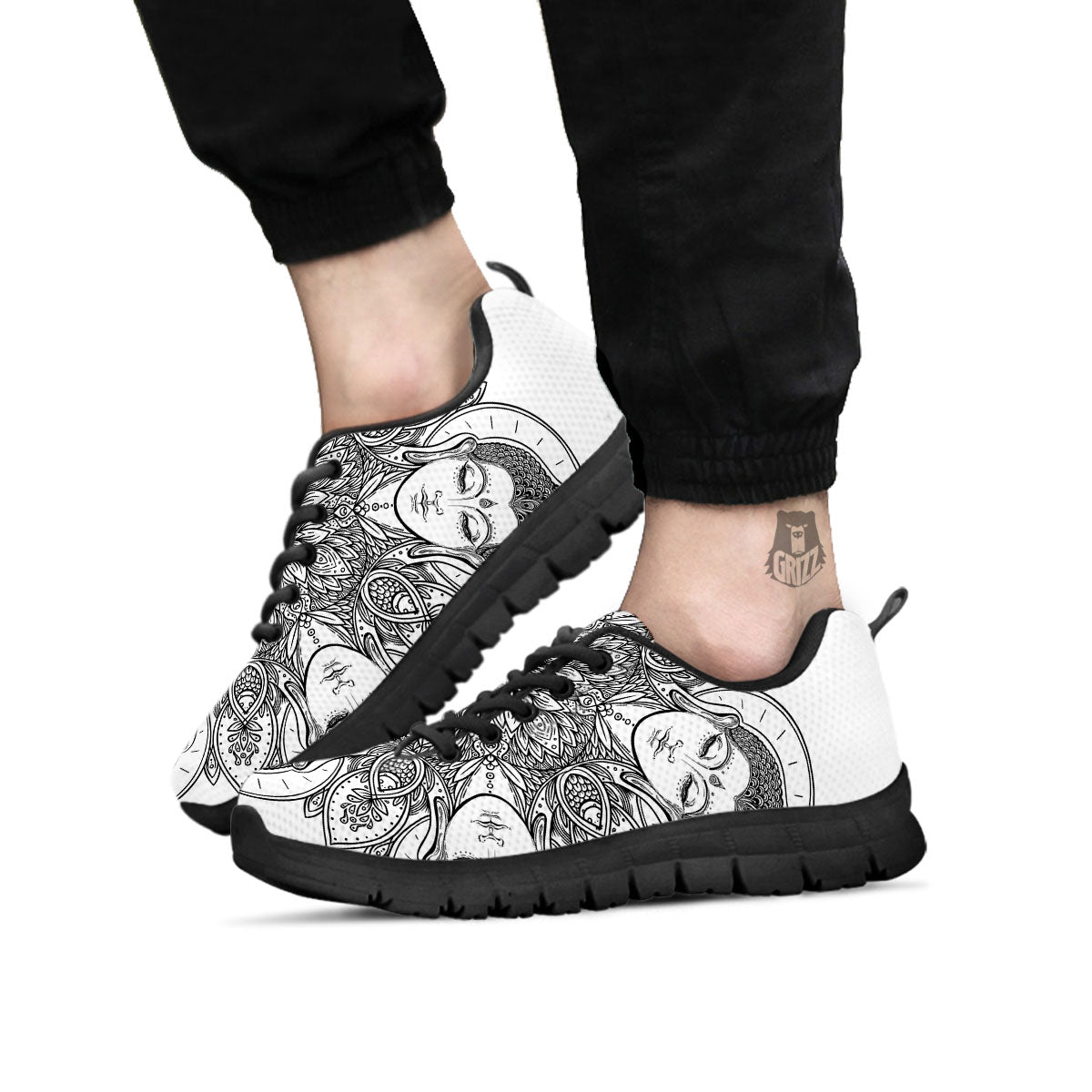 Buddha Face Ornate Mandala Print Black Sneaker-grizzshop