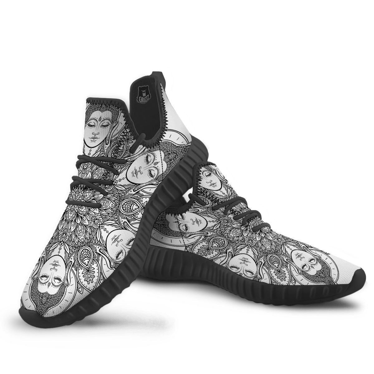 Buddha Face Ornate Mandala Print Black Walking Shoes-grizzshop