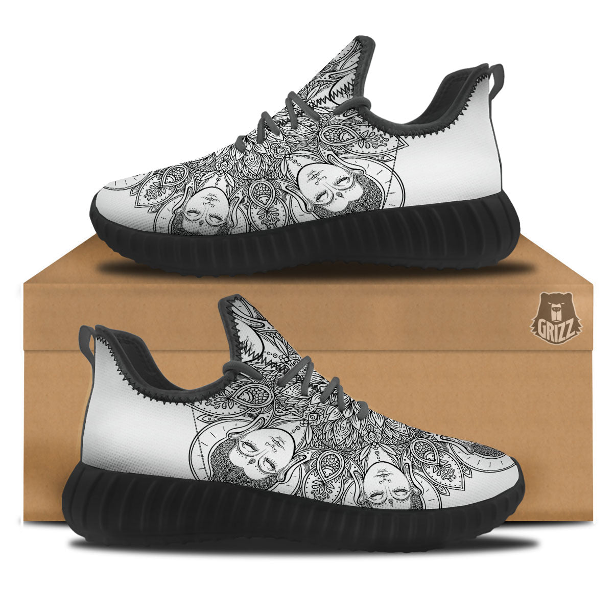 Buddha Face Ornate Mandala Print Black Walking Shoes-grizzshop