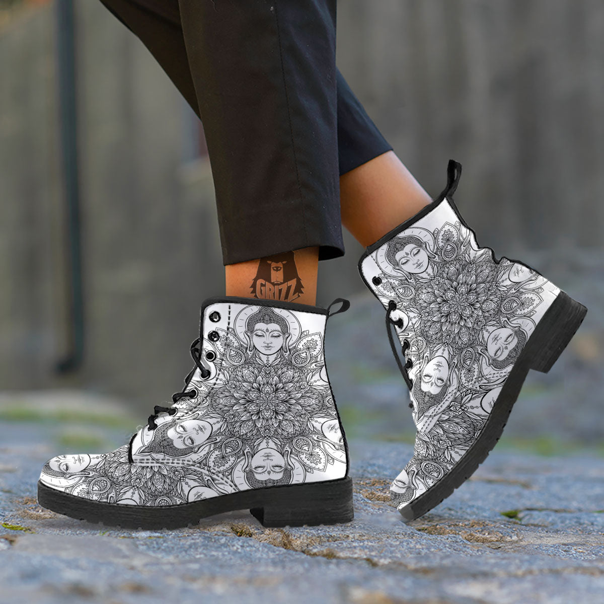 Buddha Face Ornate Mandala Print Leather Boots-grizzshop