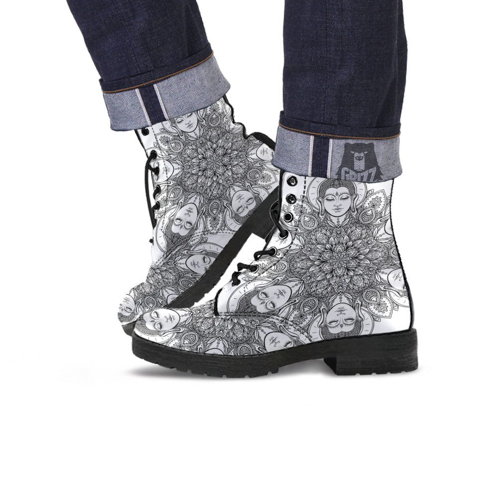 Buddha Face Ornate Mandala Print Leather Boots-grizzshop