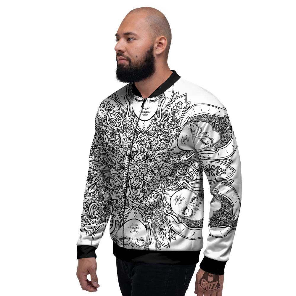 Buddha Face Ornate Mandala Print Men's Bomber Jacket-grizzshop