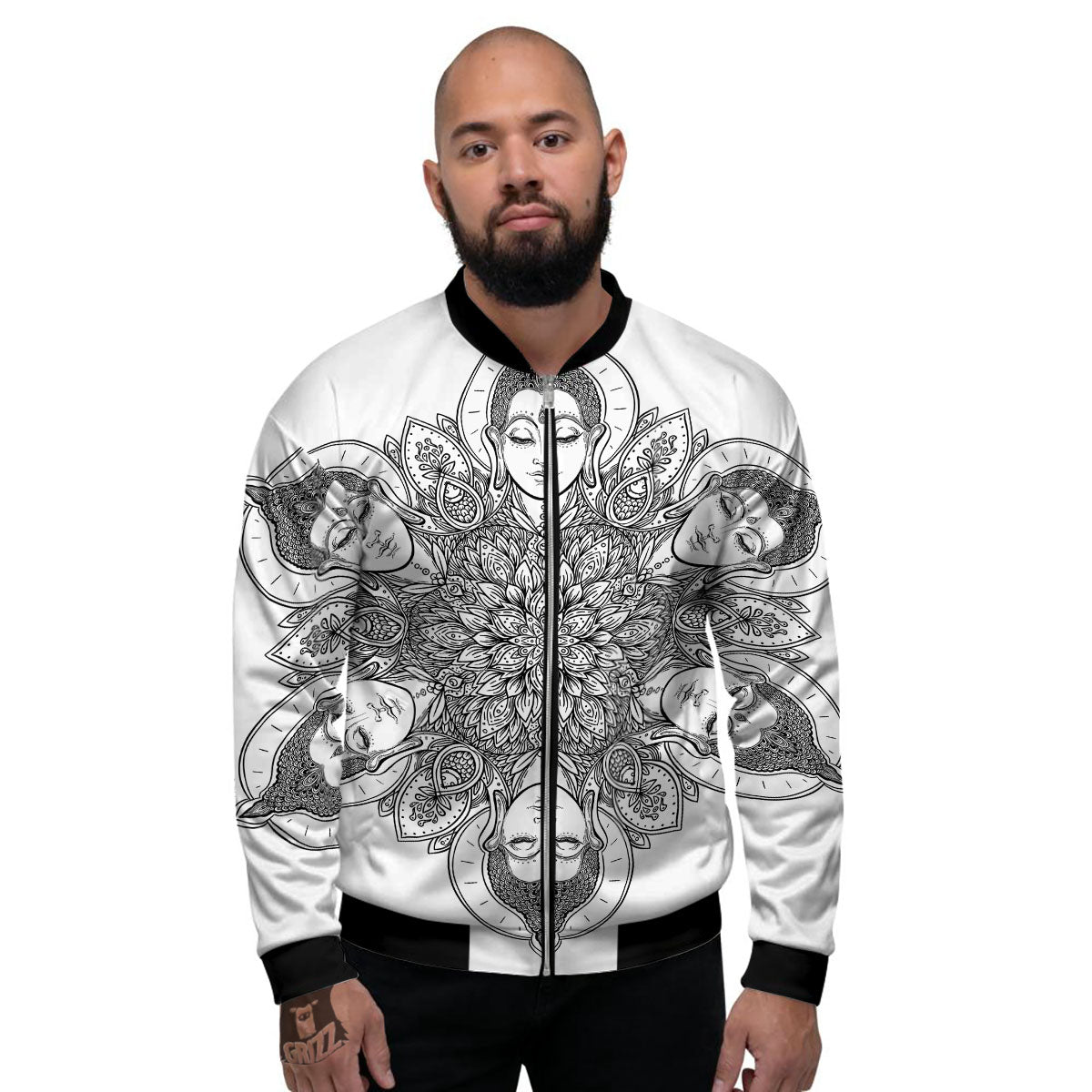 Buddha Face Ornate Mandala Print Men's Bomber Jacket-grizzshop