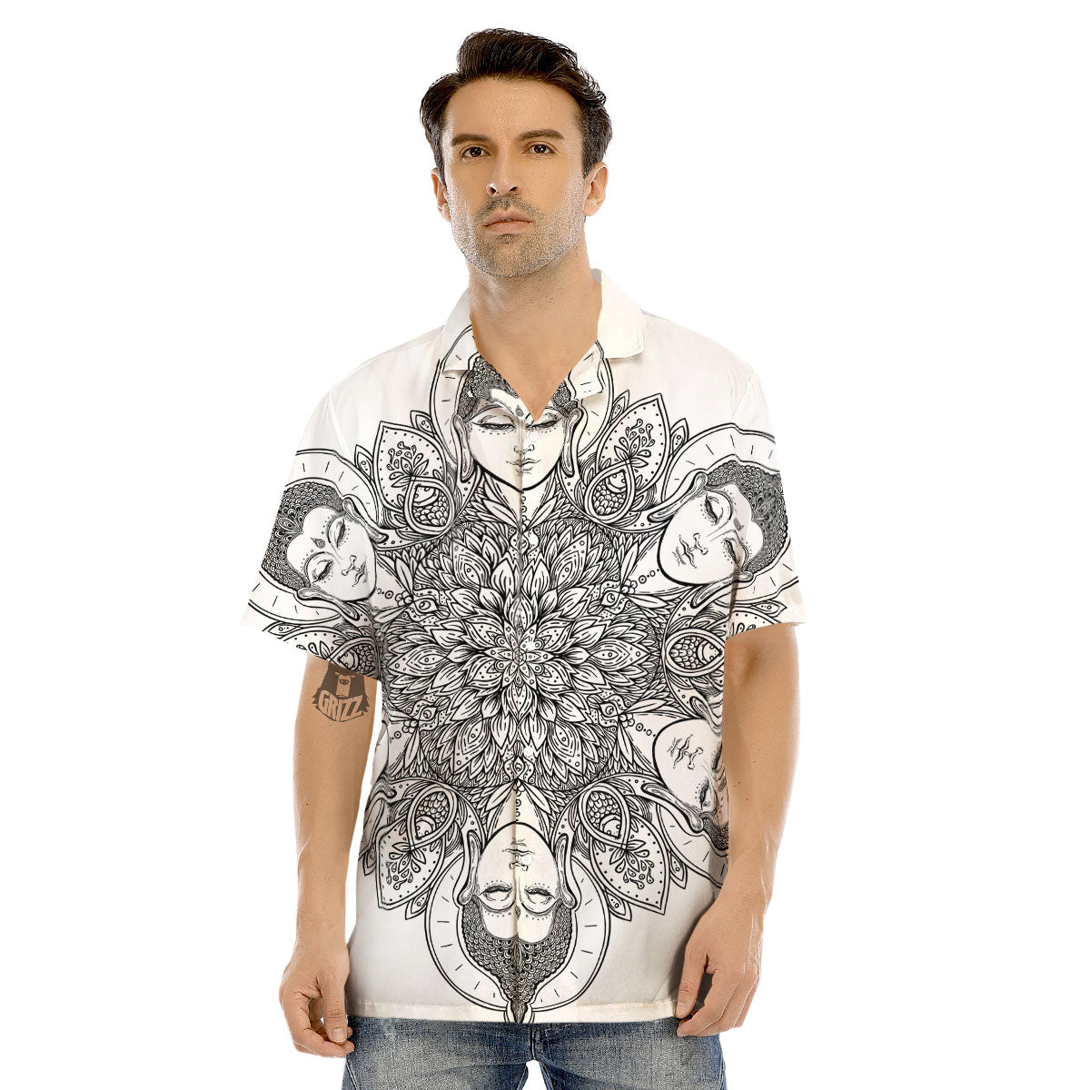 Buddha Face Ornate Mandala Print Men's Hawaiian Shirt-grizzshop