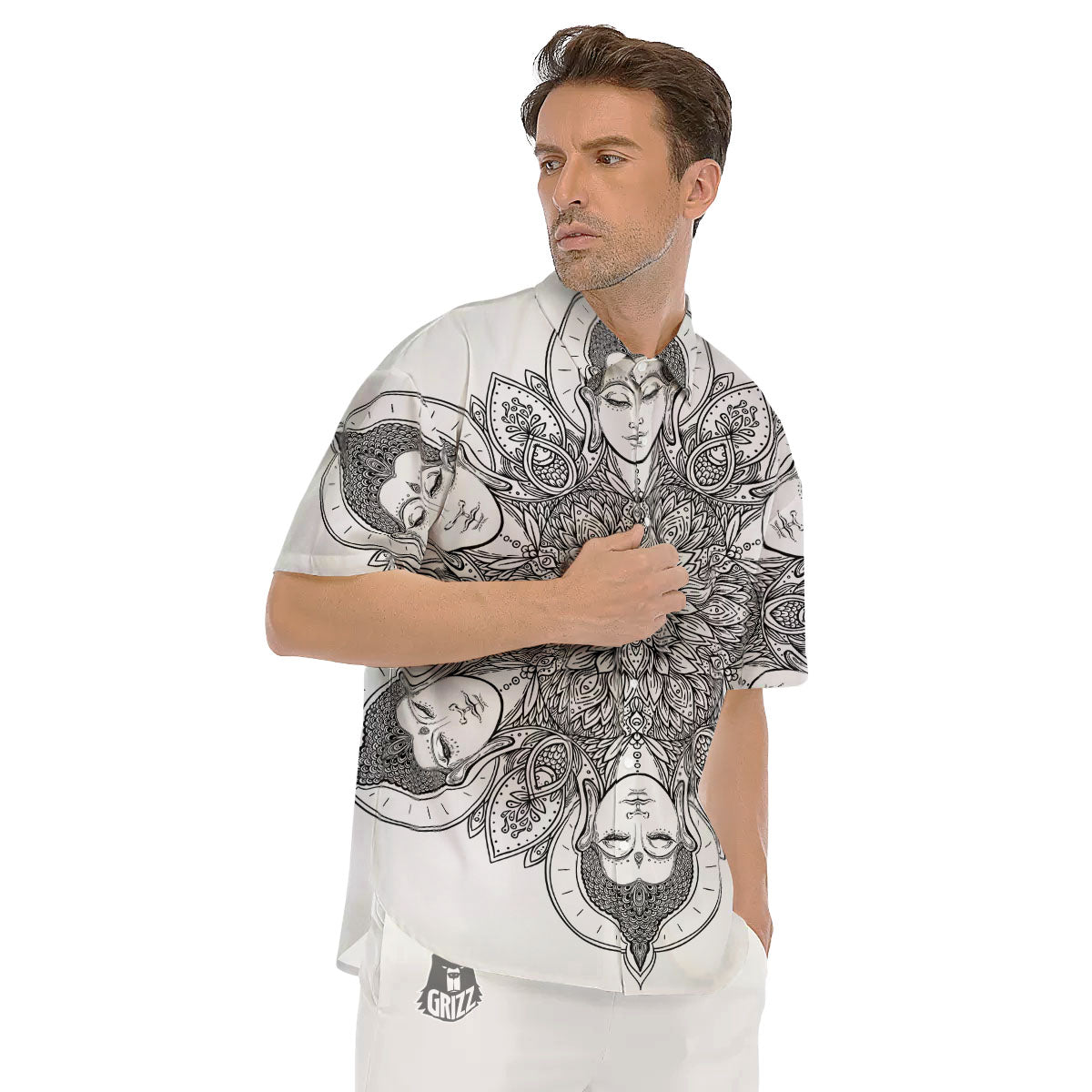 Buddha Face Ornate Mandala Print Men's Short Sleeve Shirts-grizzshop