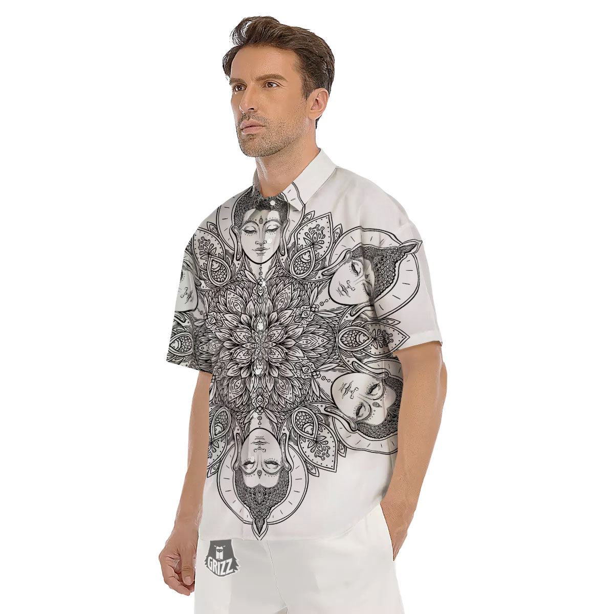 Buddha Face Ornate Mandala Print Men's Short Sleeve Shirts-grizzshop