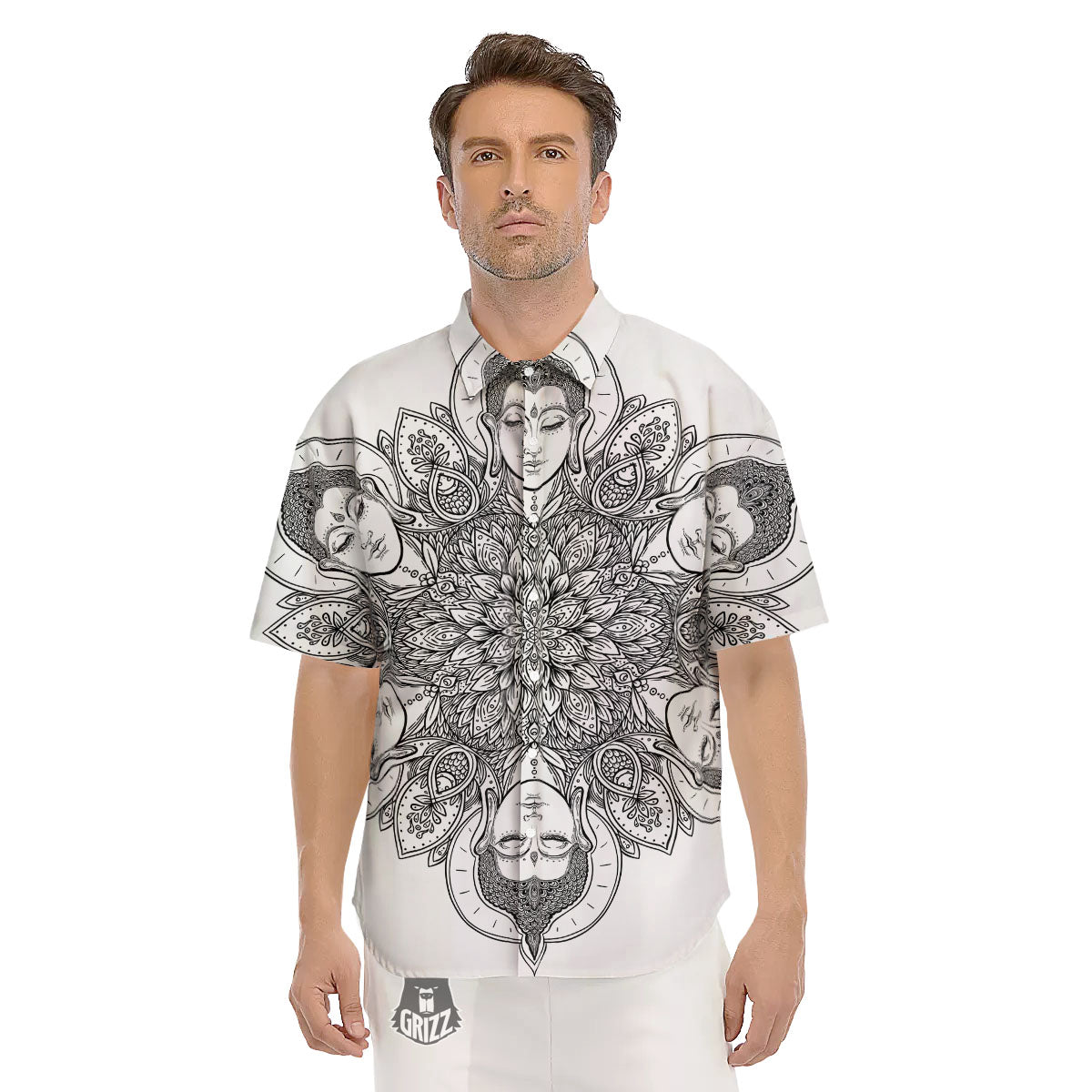 Buddha Face Ornate Mandala Print Men's Short Sleeve Shirts-grizzshop