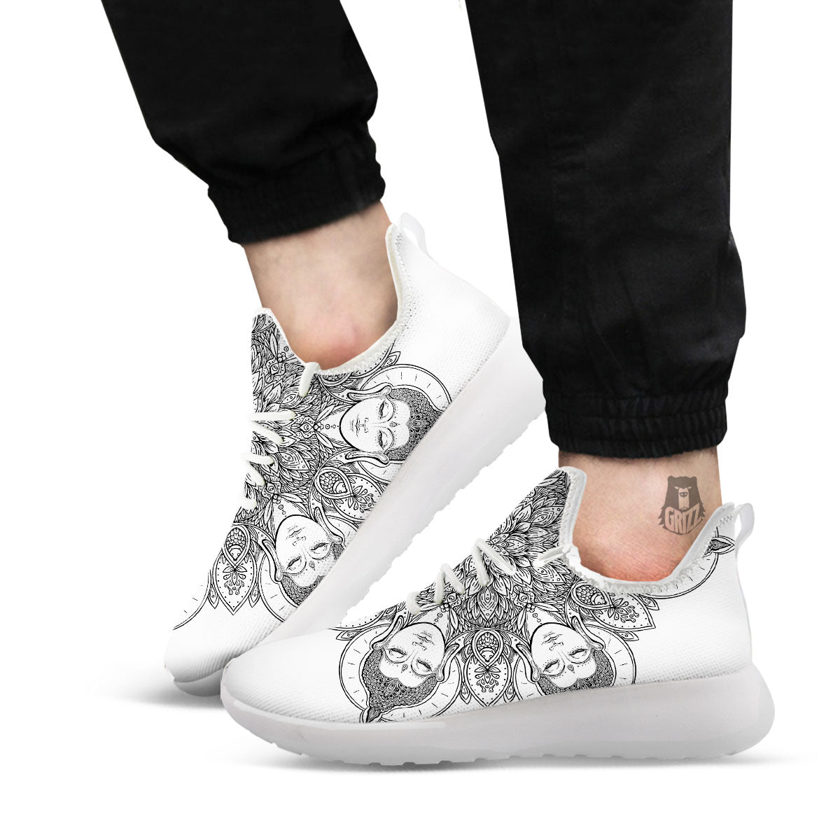 Buddha Face Ornate Mandala Print White Athletic Shoes-grizzshop