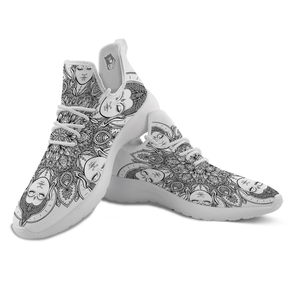 Buddha Face Ornate Mandala Print White Athletic Shoes-grizzshop