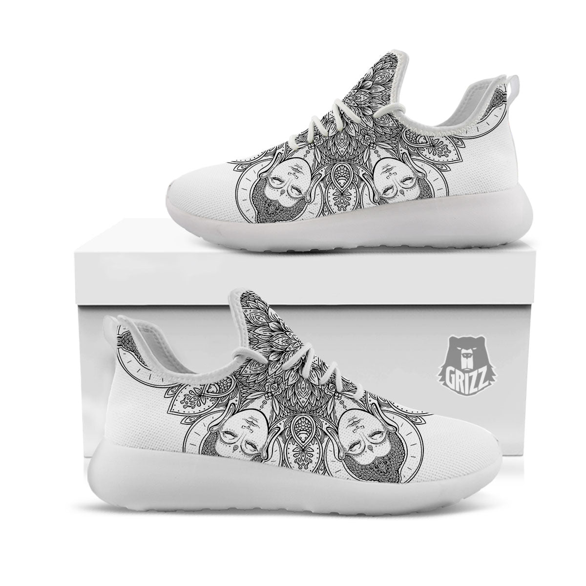 Buddha Face Ornate Mandala Print White Athletic Shoes-grizzshop