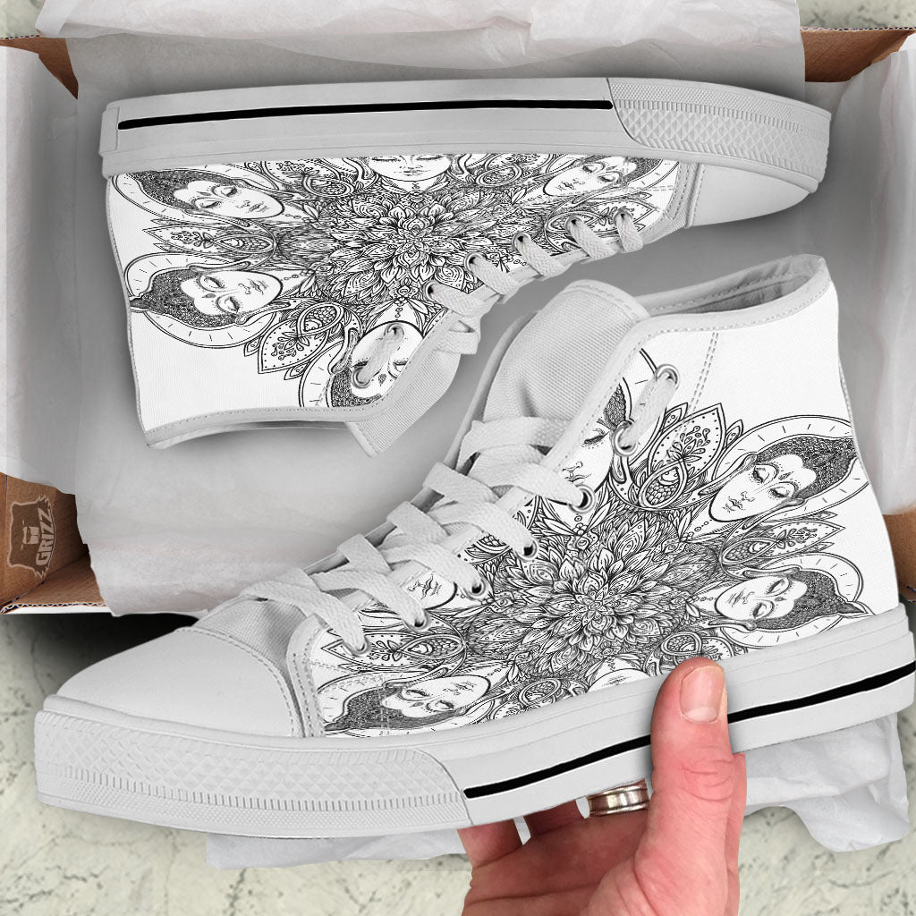 Buddha Face Ornate Mandala Print White High Top Shoes-grizzshop