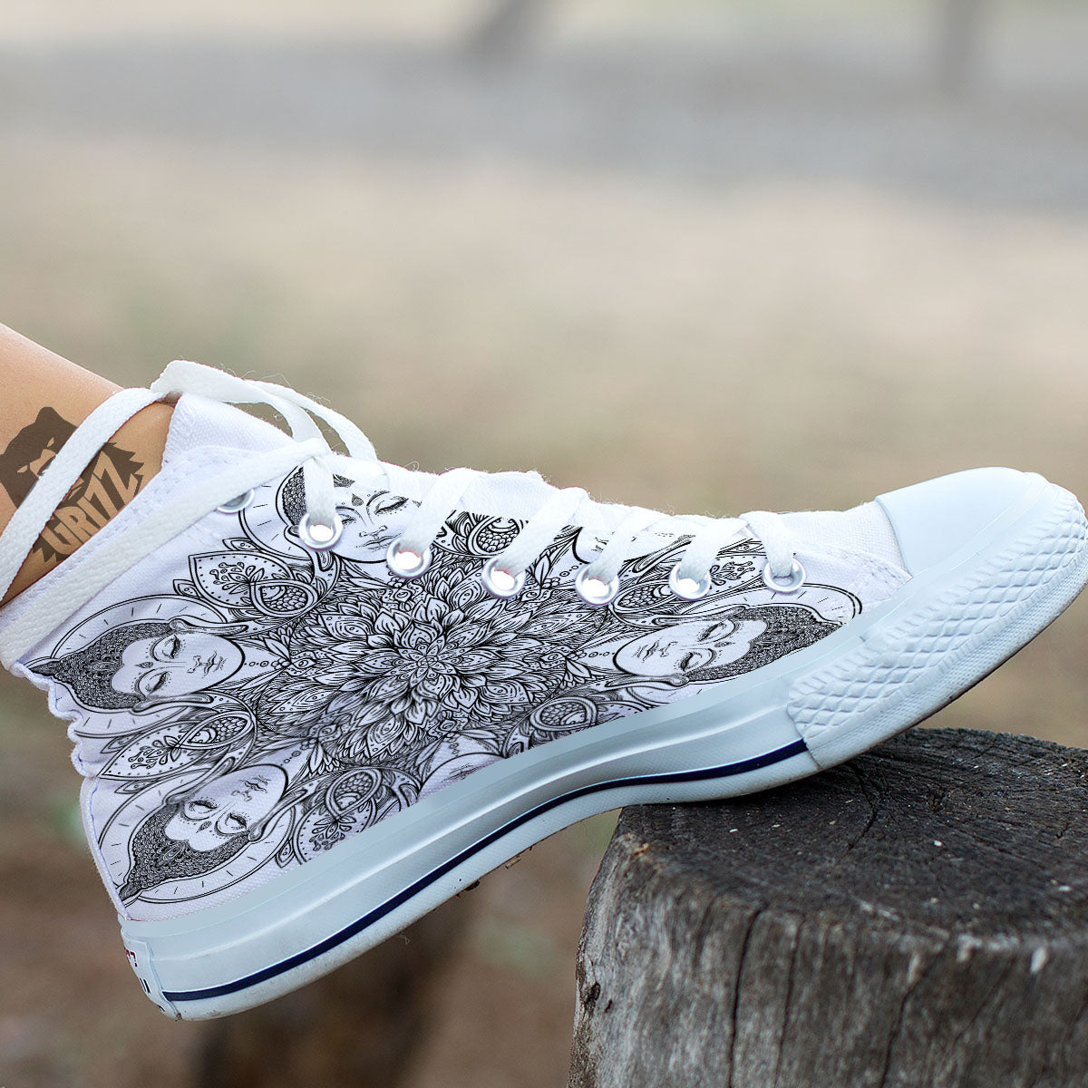 Buddha Face Ornate Mandala Print White High Top Shoes-grizzshop