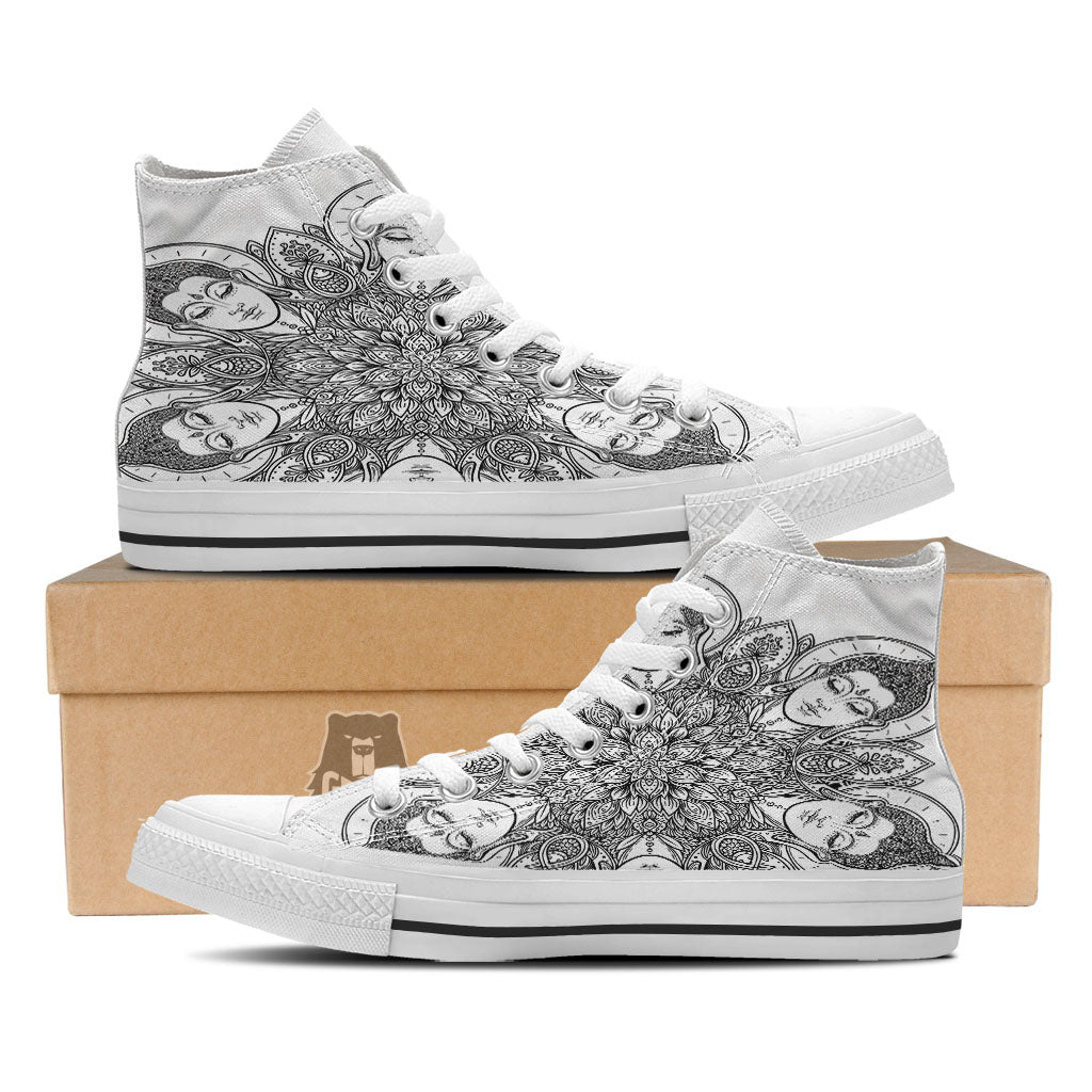 Buddha Face Ornate Mandala Print White High Top Shoes-grizzshop