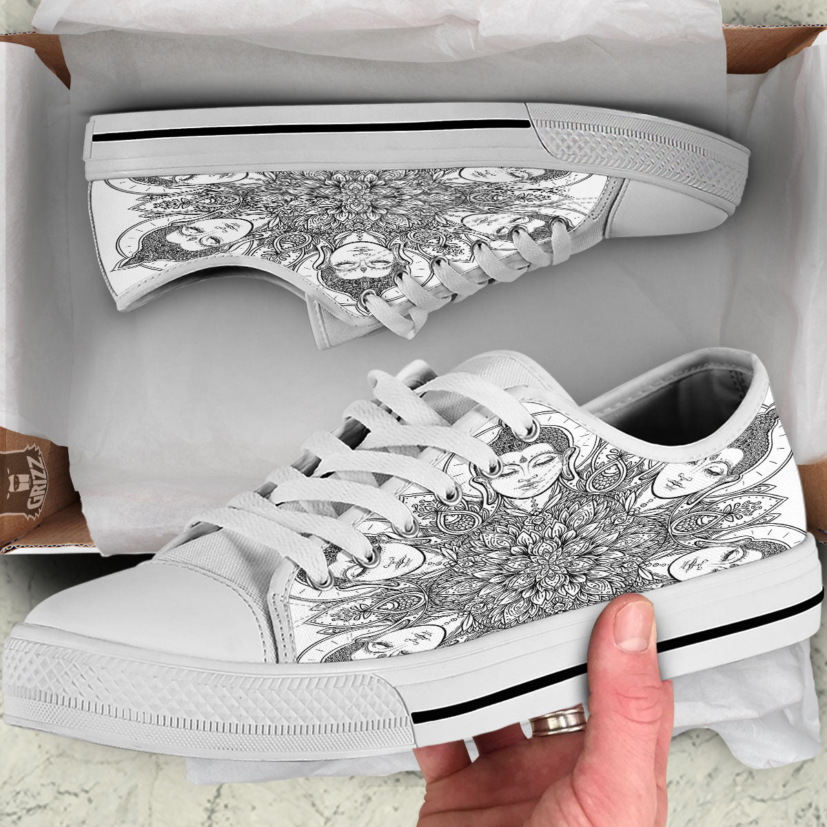 Buddha Face Ornate Mandala Print White Low Top Shoes-grizzshop