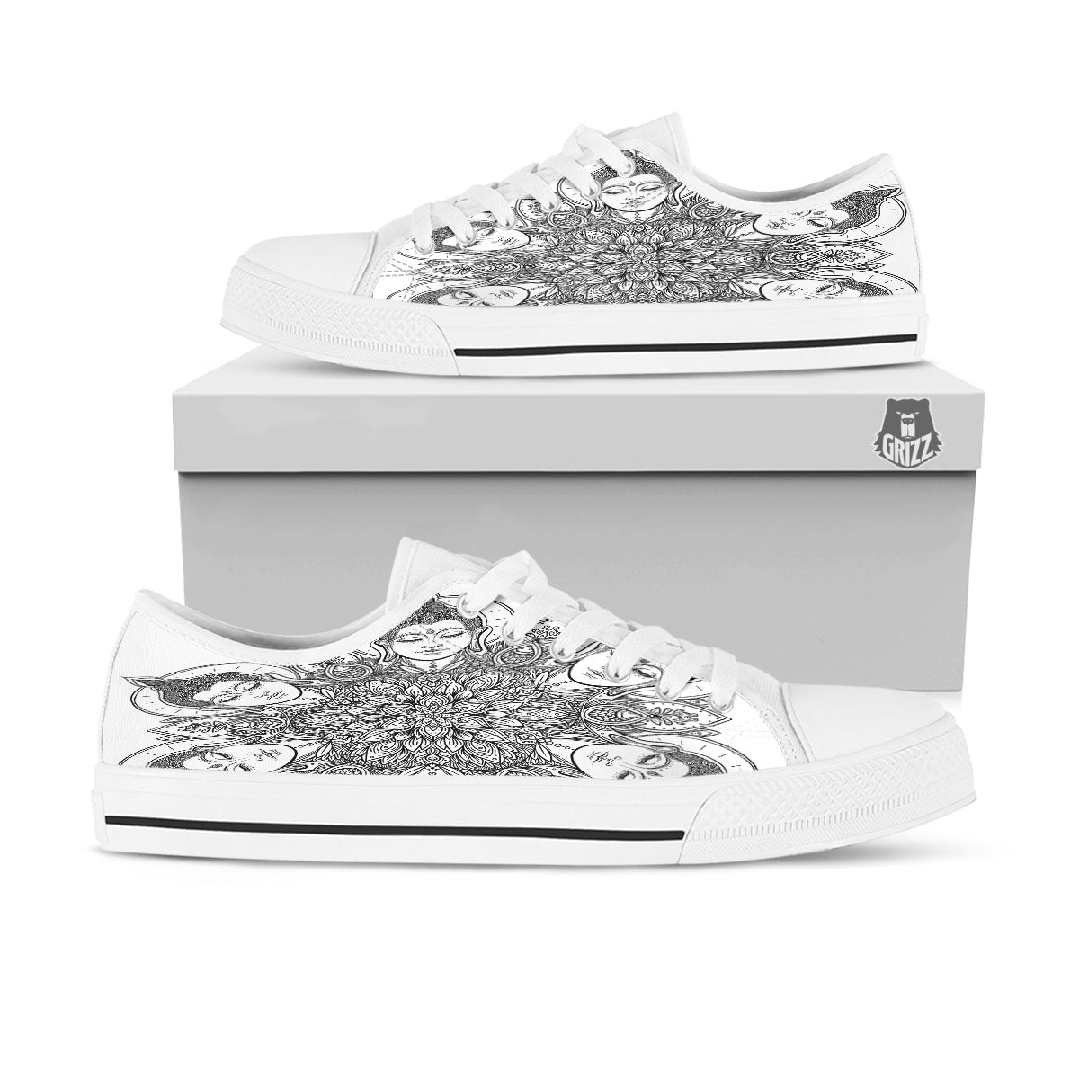 Buddha Face Ornate Mandala Print White Low Top Shoes-grizzshop