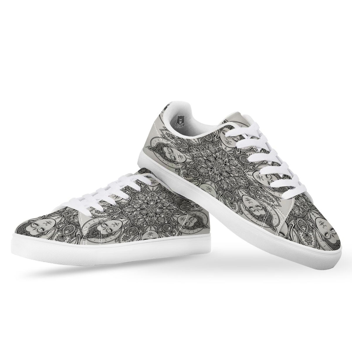 Buddha Face Ornate Mandala Print White Low Top Sneakers-grizzshop