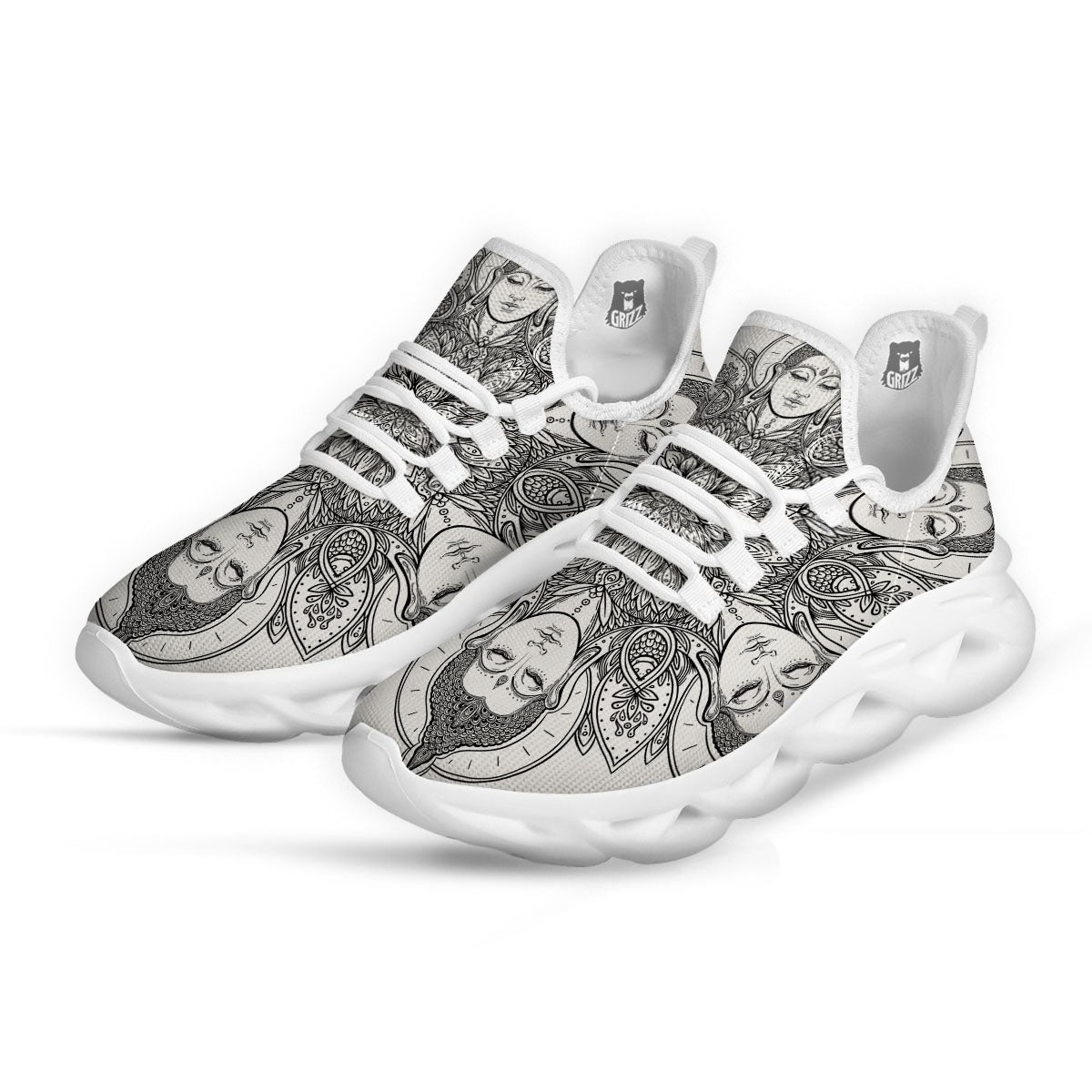 Buddha Face Ornate Mandala Print White Running Shoes-grizzshop