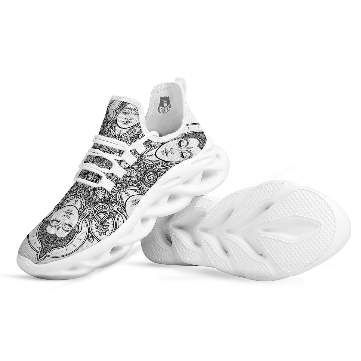 Buddha Face Ornate Mandala Print White Running Shoes-grizzshop