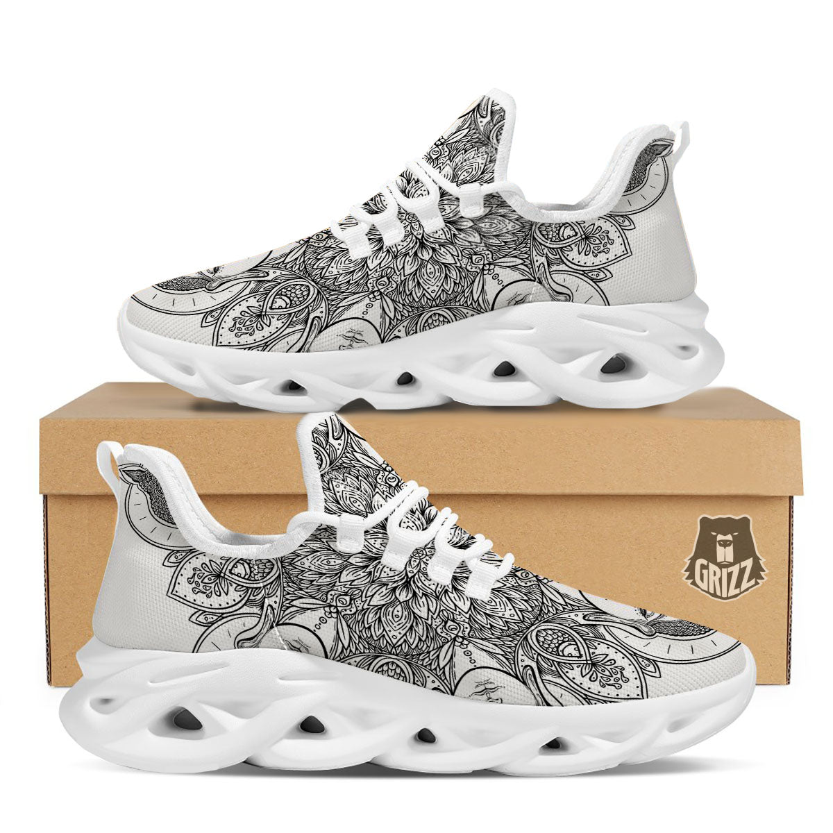 Buddha Face Ornate Mandala Print White Running Shoes-grizzshop