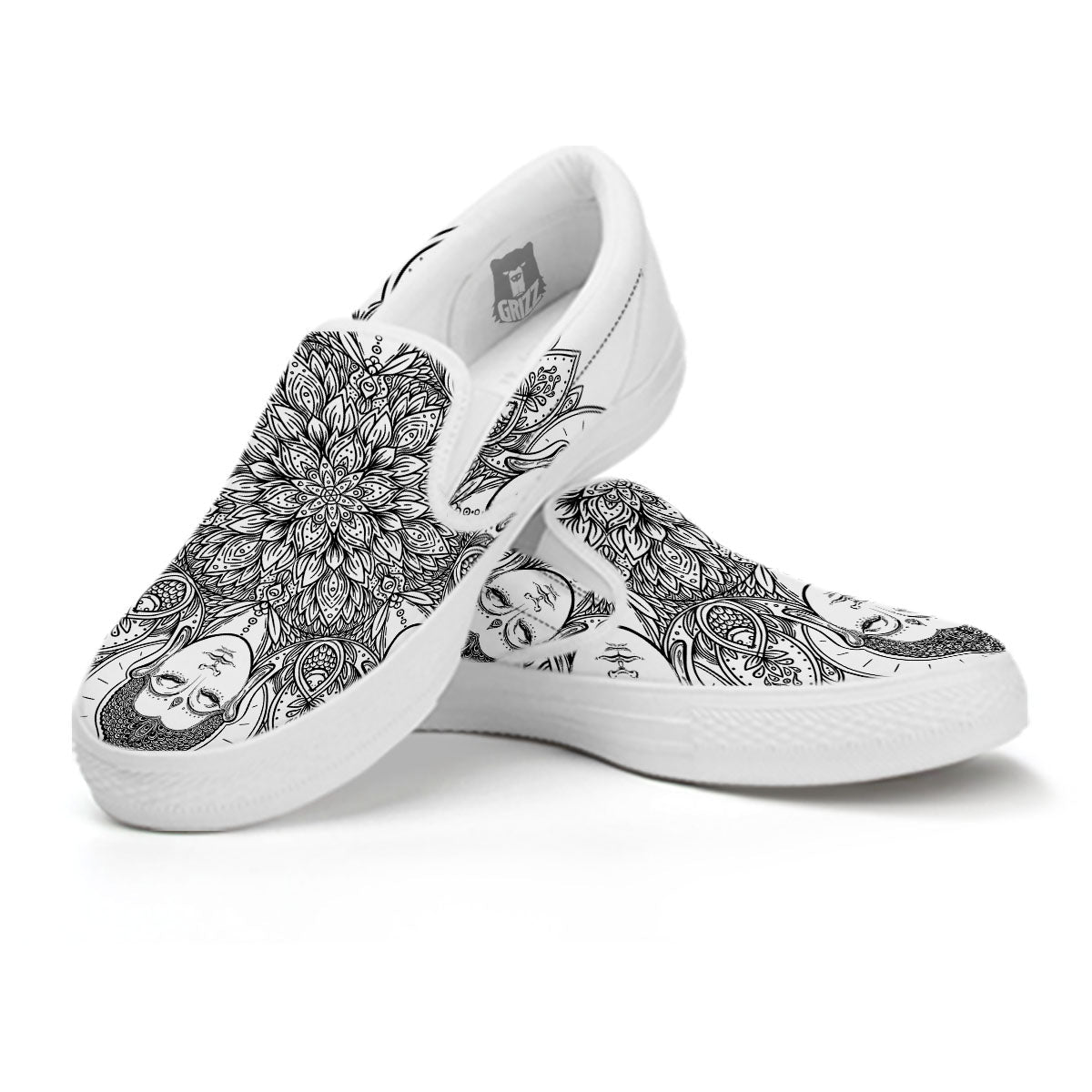 Buddha Face Ornate Mandala Print White Slip On Shoes-grizzshop