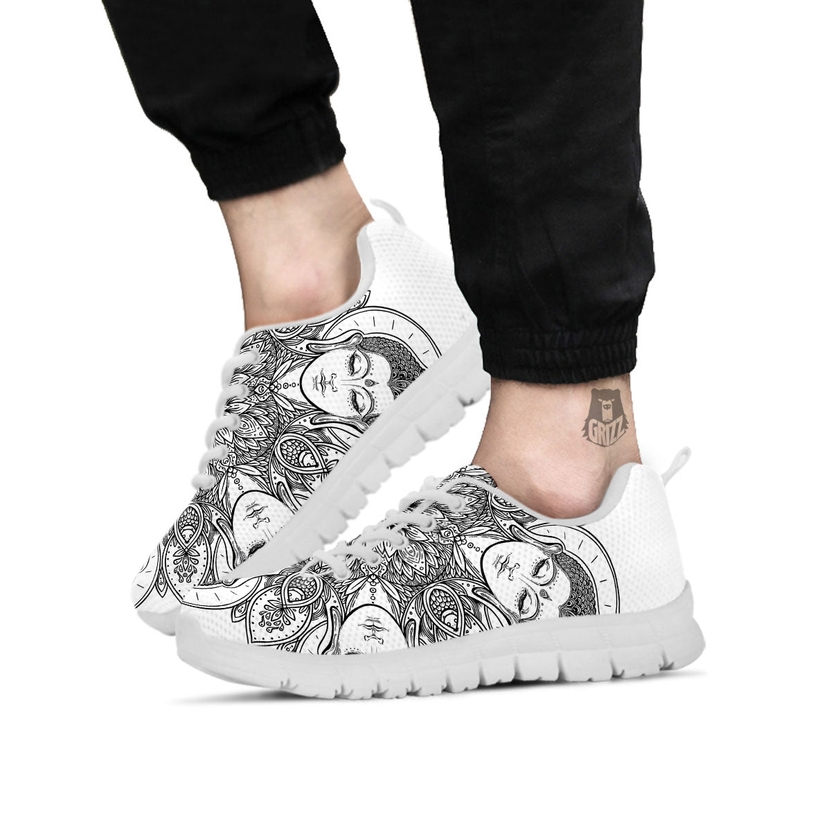 Buddha Face Ornate Mandala Print White Sneaker-grizzshop