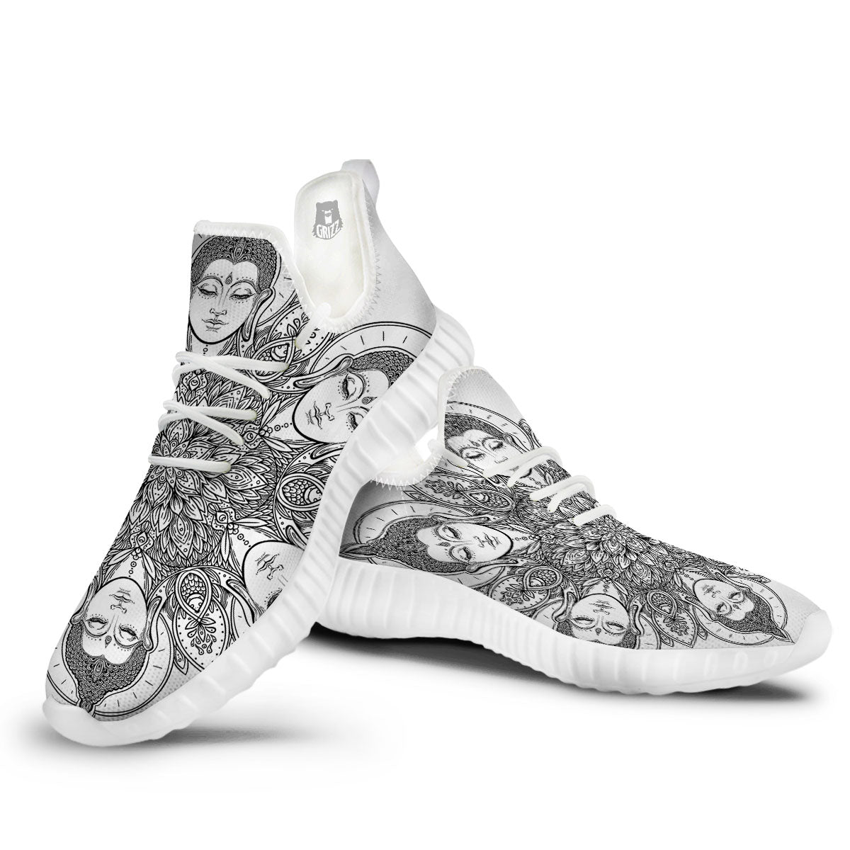 Buddha Face Ornate Mandala Print White Walking Shoes-grizzshop