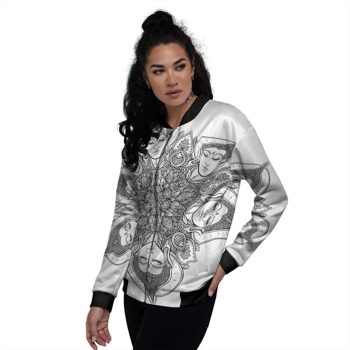 Buddha Face Ornate Mandala Print Women's Bomber Jacket-grizzshop