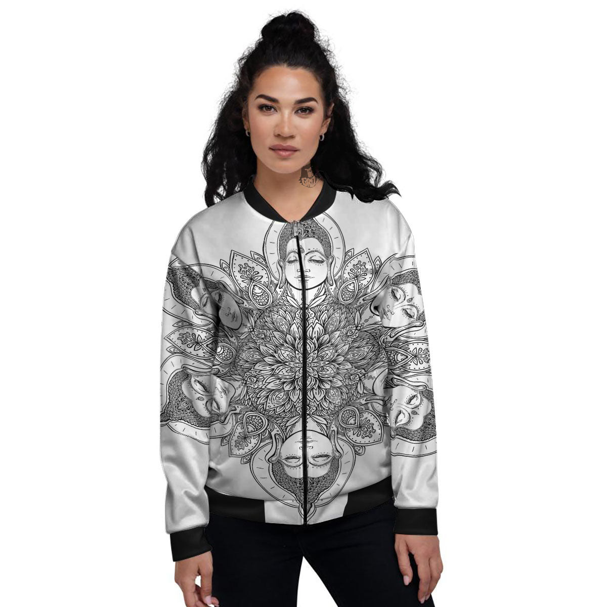 Buddha Face Ornate Mandala Print Women's Bomber Jacket-grizzshop
