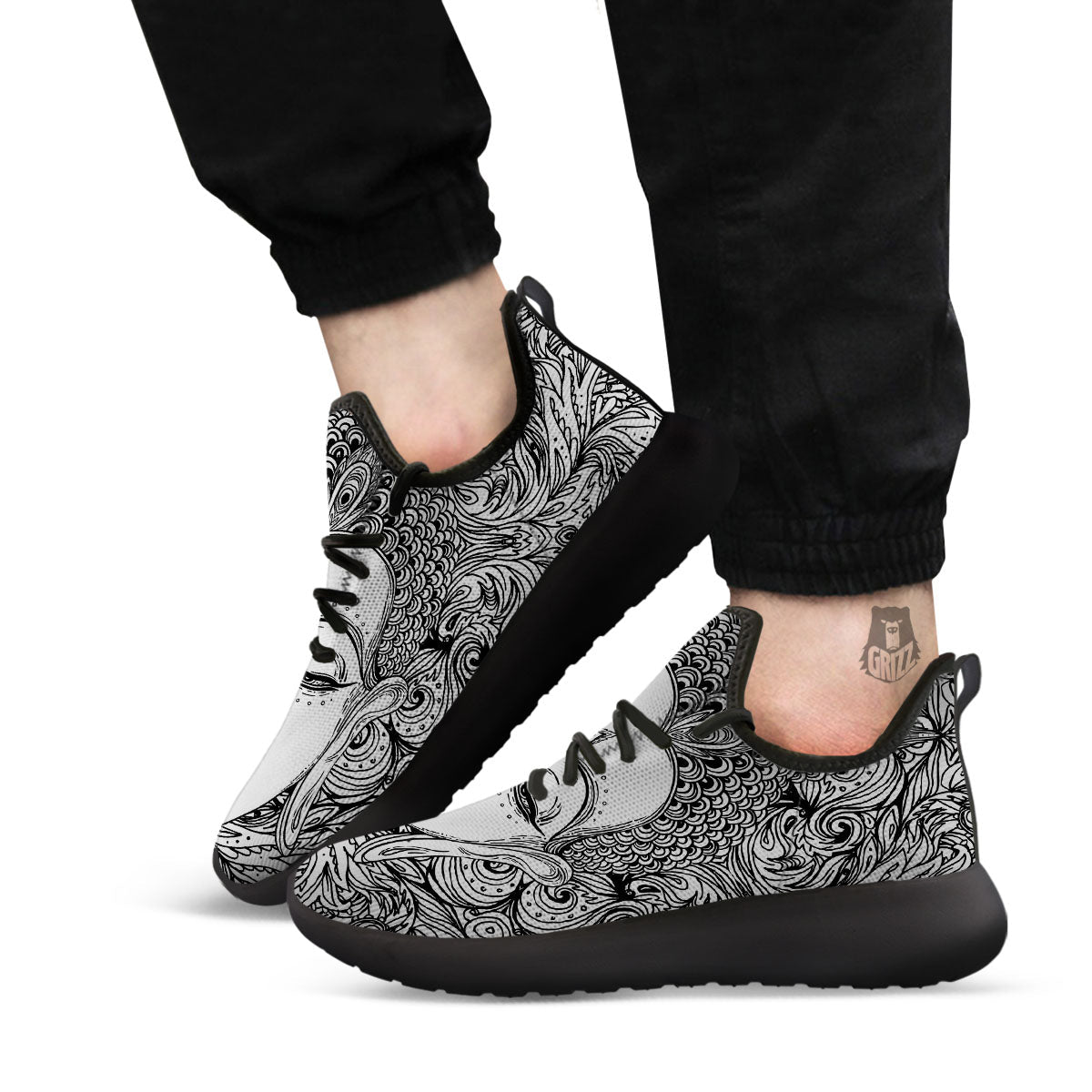 Buddha Mandala Spiritual Black White Print Black Athletic Shoes-grizzshop