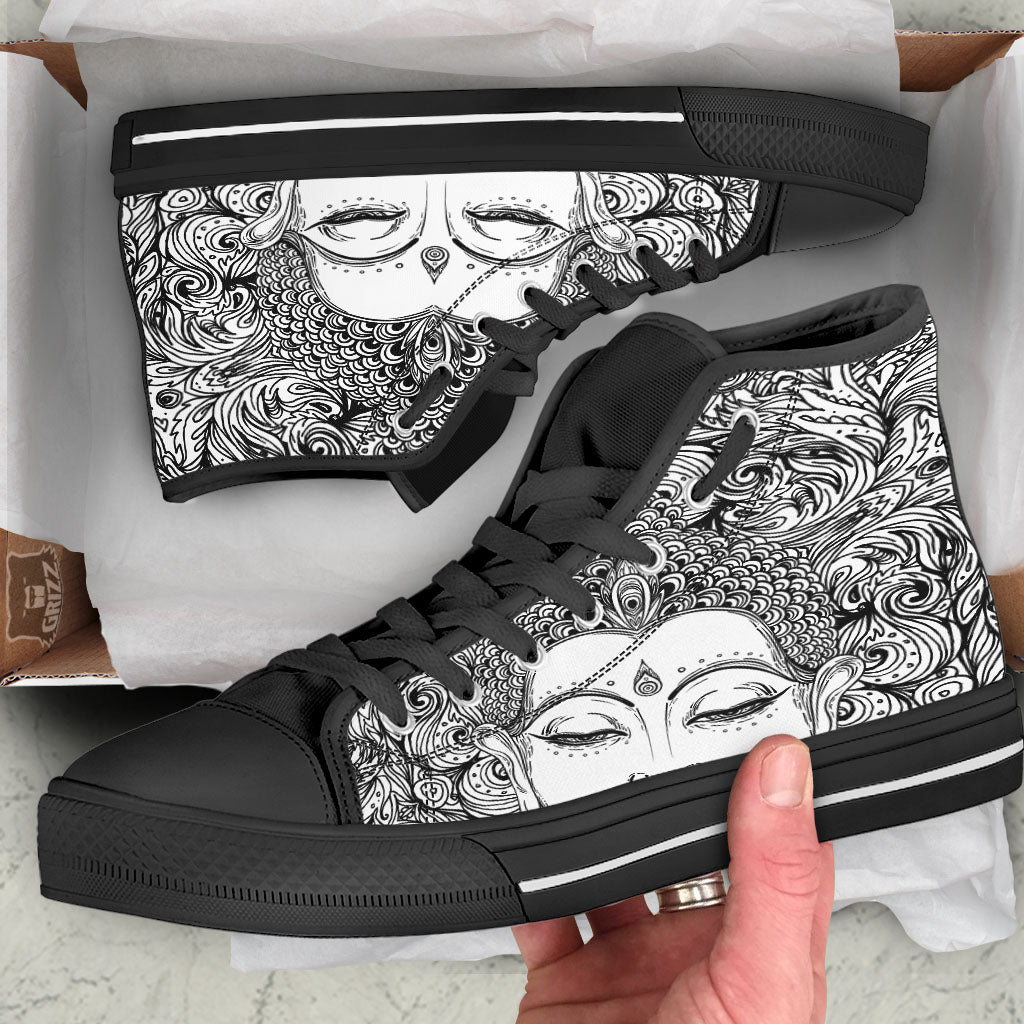Buddha Mandala Spiritual Black White Print Black High Top Shoes-grizzshop
