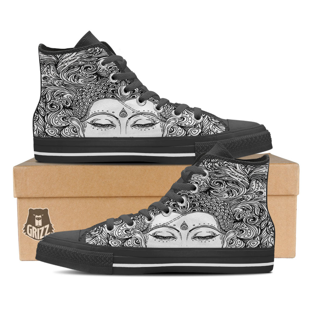 Buddha Mandala Spiritual Black White Print Black High Top Shoes-grizzshop