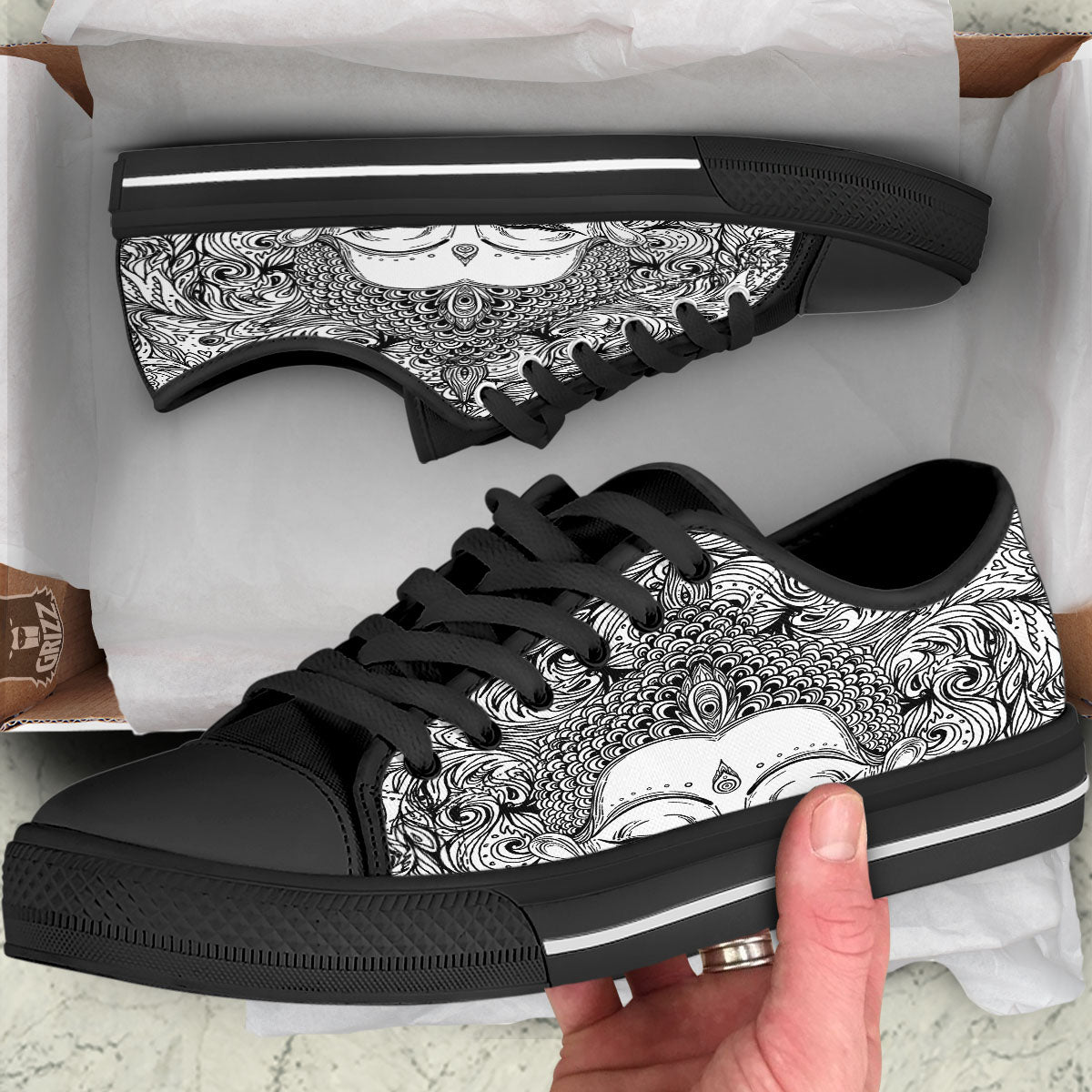 Buddha Mandala Spiritual Black White Print Black Low Top Shoes-grizzshop