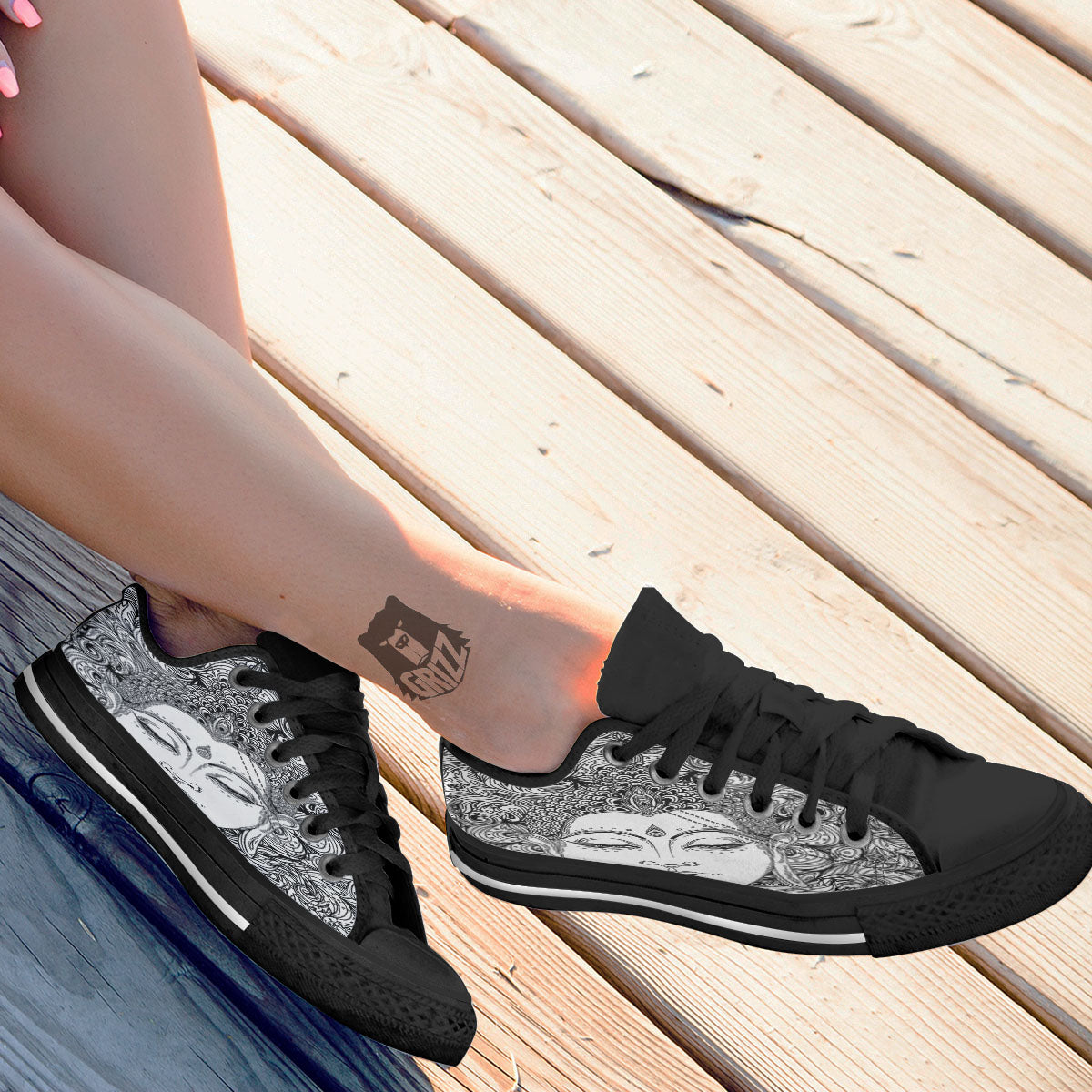 Buddha Mandala Spiritual Black White Print Black Low Top Shoes-grizzshop