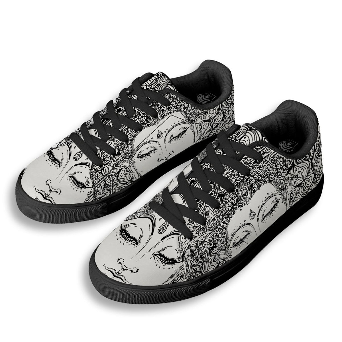 Buddha Mandala Spiritual Black White Print Black Low Top Sneakers-grizzshop
