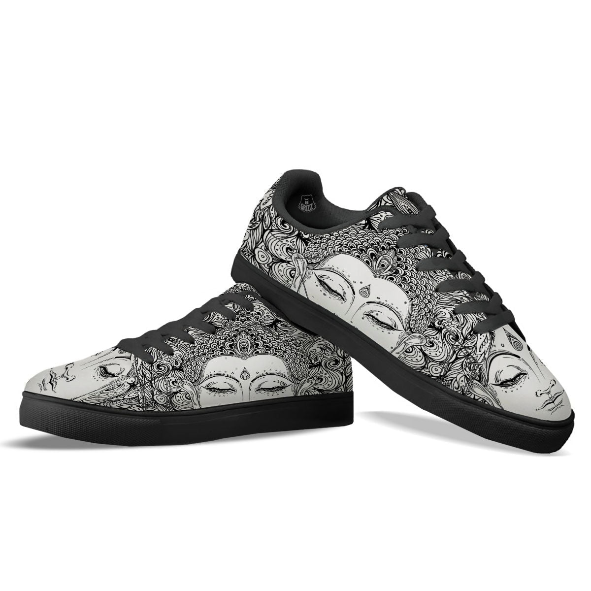 Buddha Mandala Spiritual Black White Print Black Low Top Sneakers-grizzshop