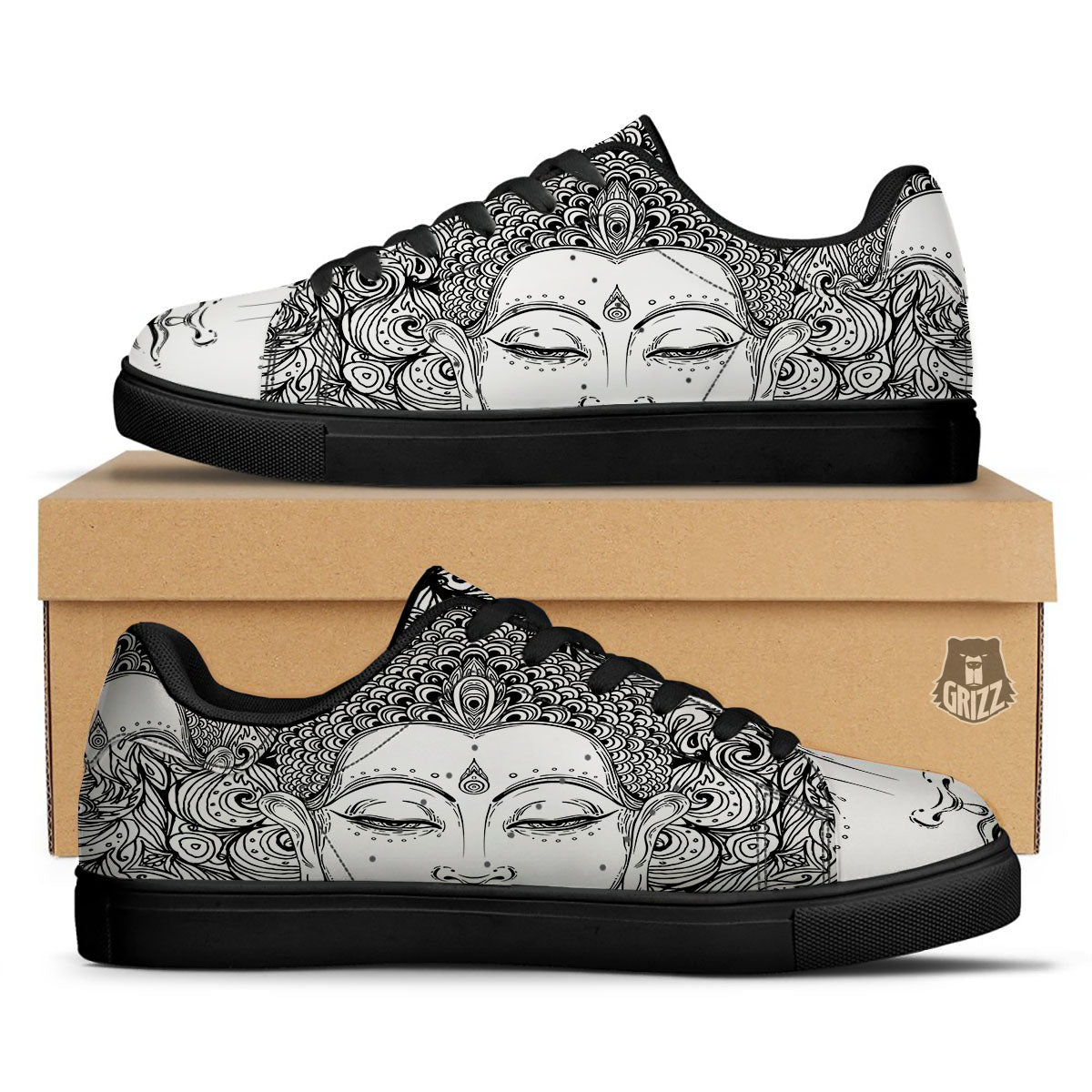 Buddha Mandala Spiritual Black White Print Black Low Top Sneakers-grizzshop