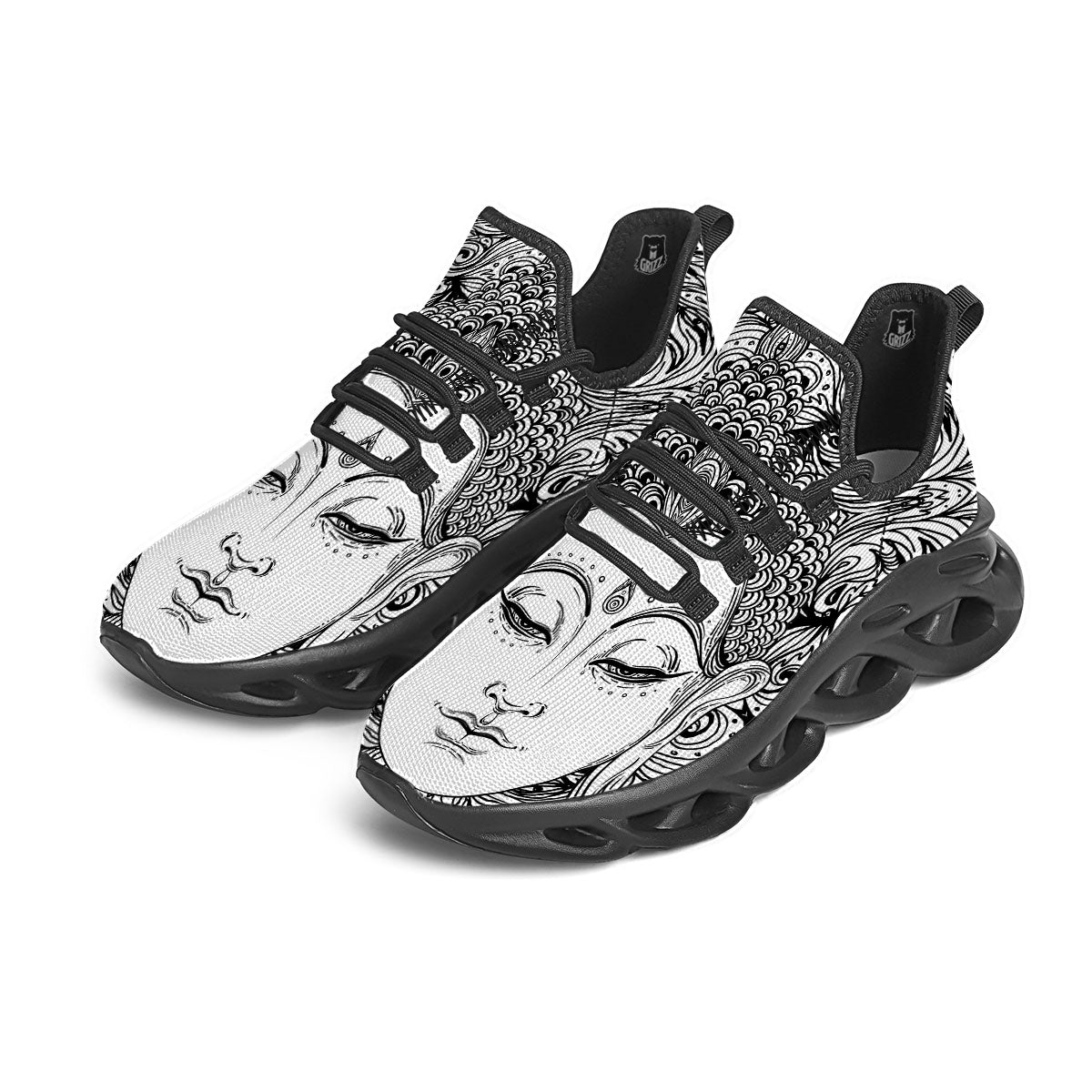 Buddha Mandala Spiritual Black White Print Black Running Shoes-grizzshop