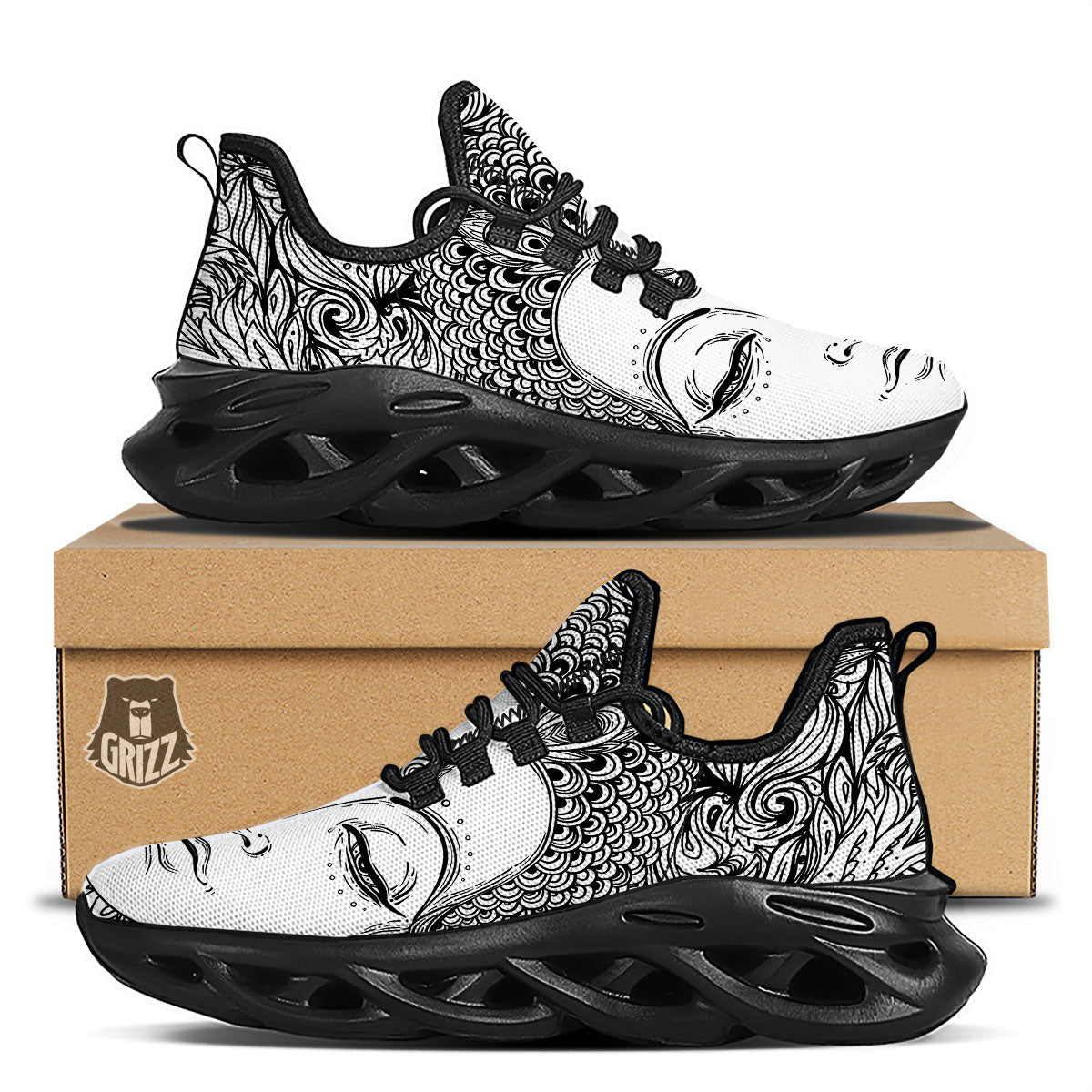 Buddha Mandala Spiritual Black White Print Black Running Shoes-grizzshop