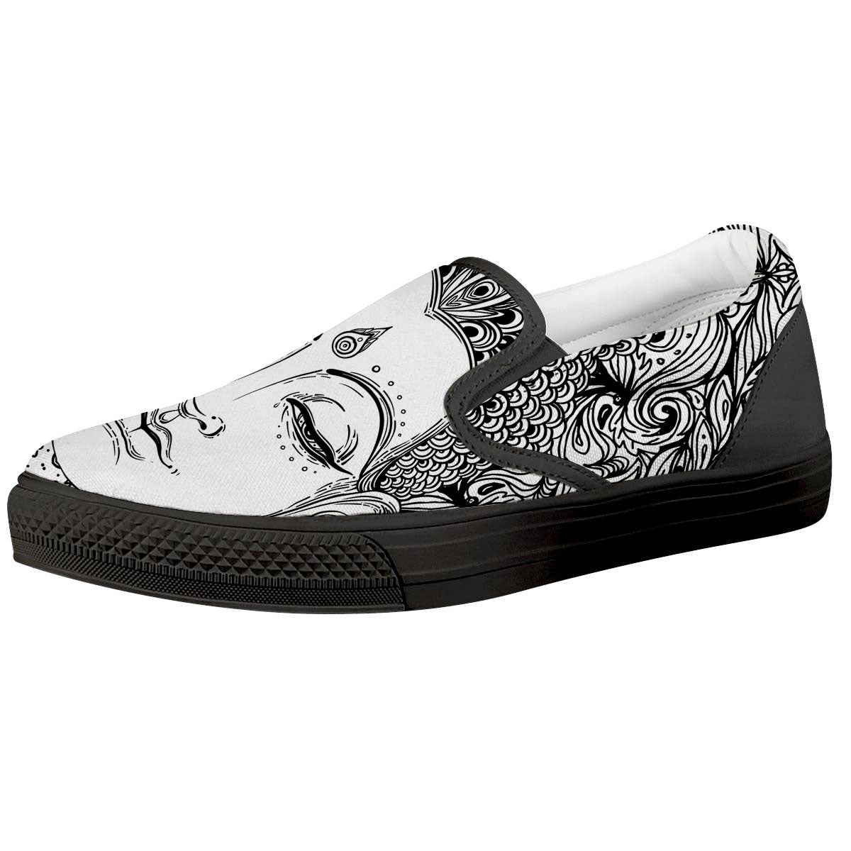 Buddha Mandala Spiritual Black White Print Black Slip On Shoes-grizzshop