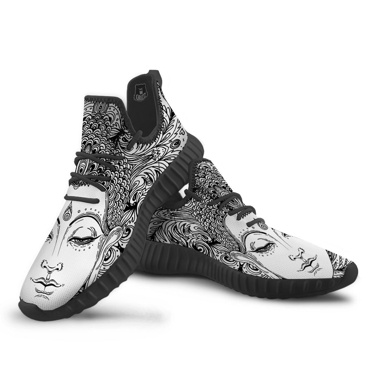 Buddha Mandala Spiritual Black White Print Black Walking Shoes-grizzshop