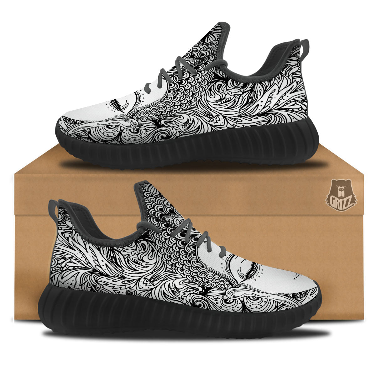 Buddha Mandala Spiritual Black White Print Black Walking Shoes-grizzshop