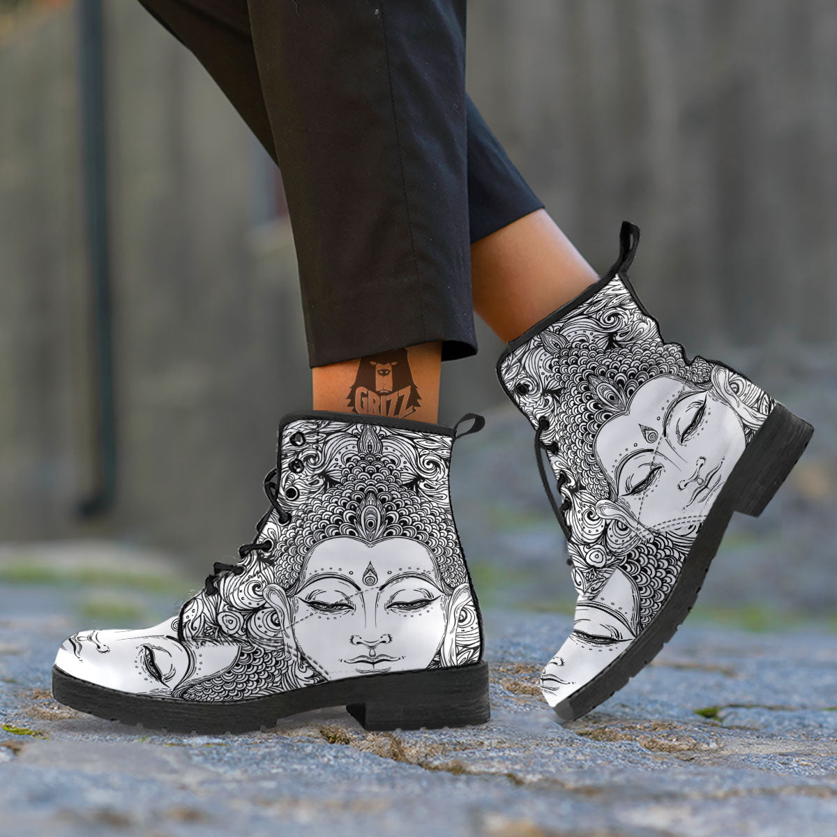 Buddha Mandala Spiritual Black White Print Leather Boots-grizzshop