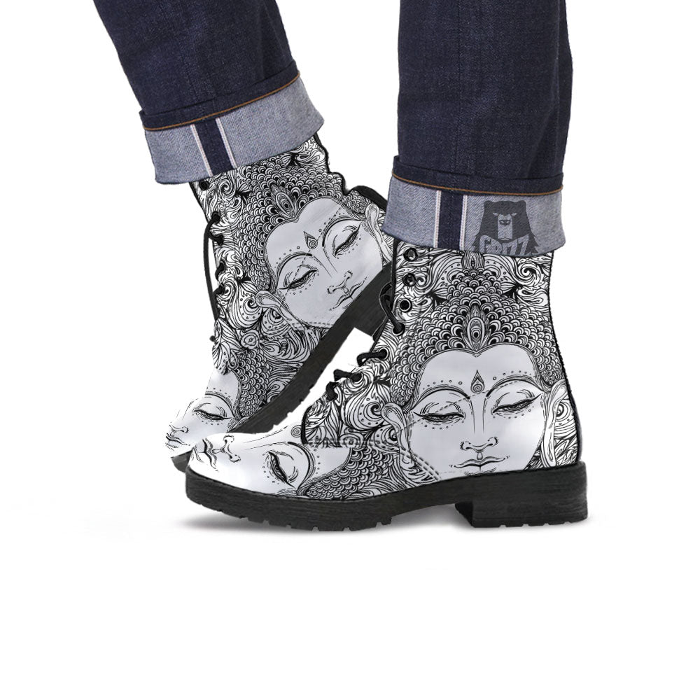 Buddha Mandala Spiritual Black White Print Leather Boots-grizzshop