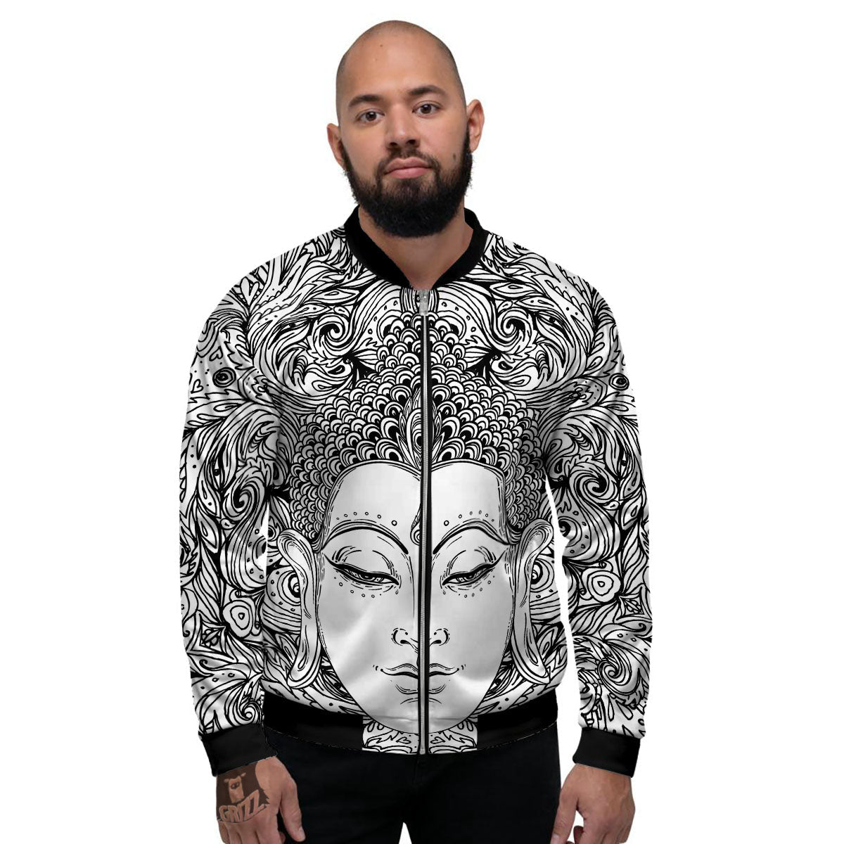 Buddha Mandala Spiritual Black White Print Men's Bomber Jacket-grizzshop
