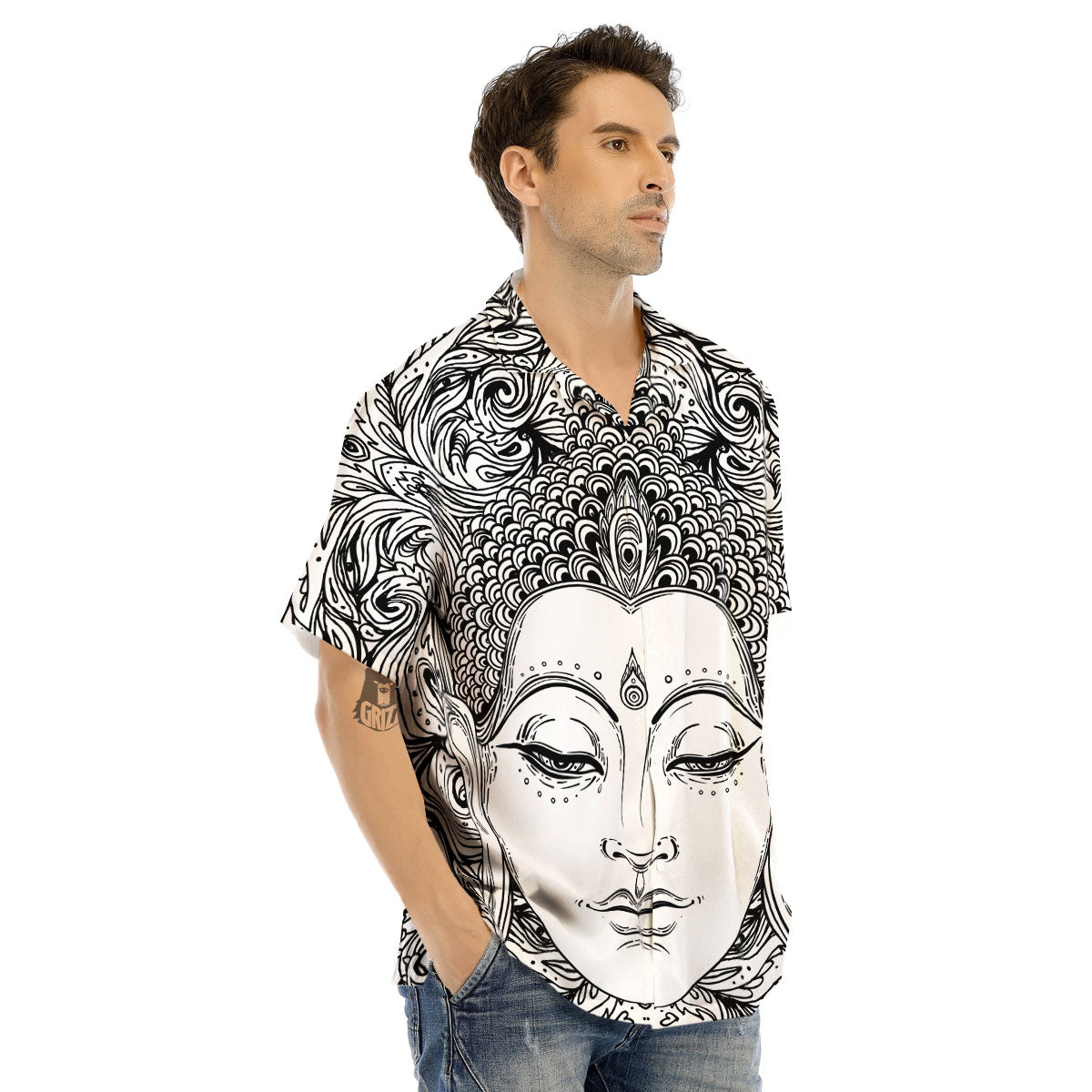 Buddha Mandala Spiritual Black White Print Men's Hawaiian Shirt-grizzshop