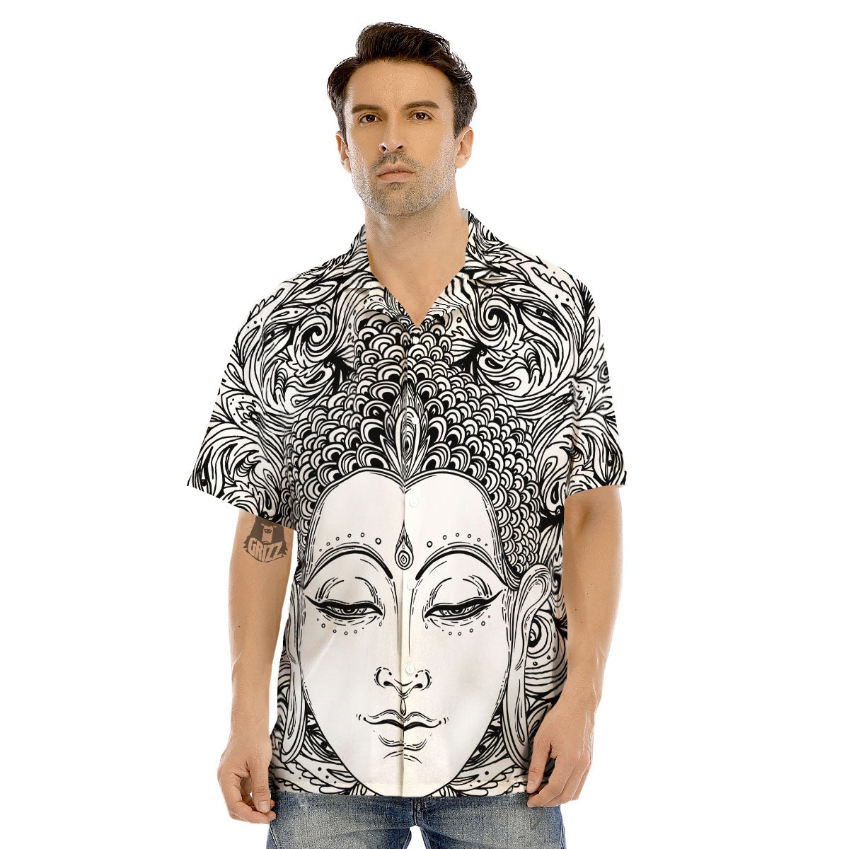 Buddha Mandala Spiritual Black White Print Men's Hawaiian Shirt-grizzshop