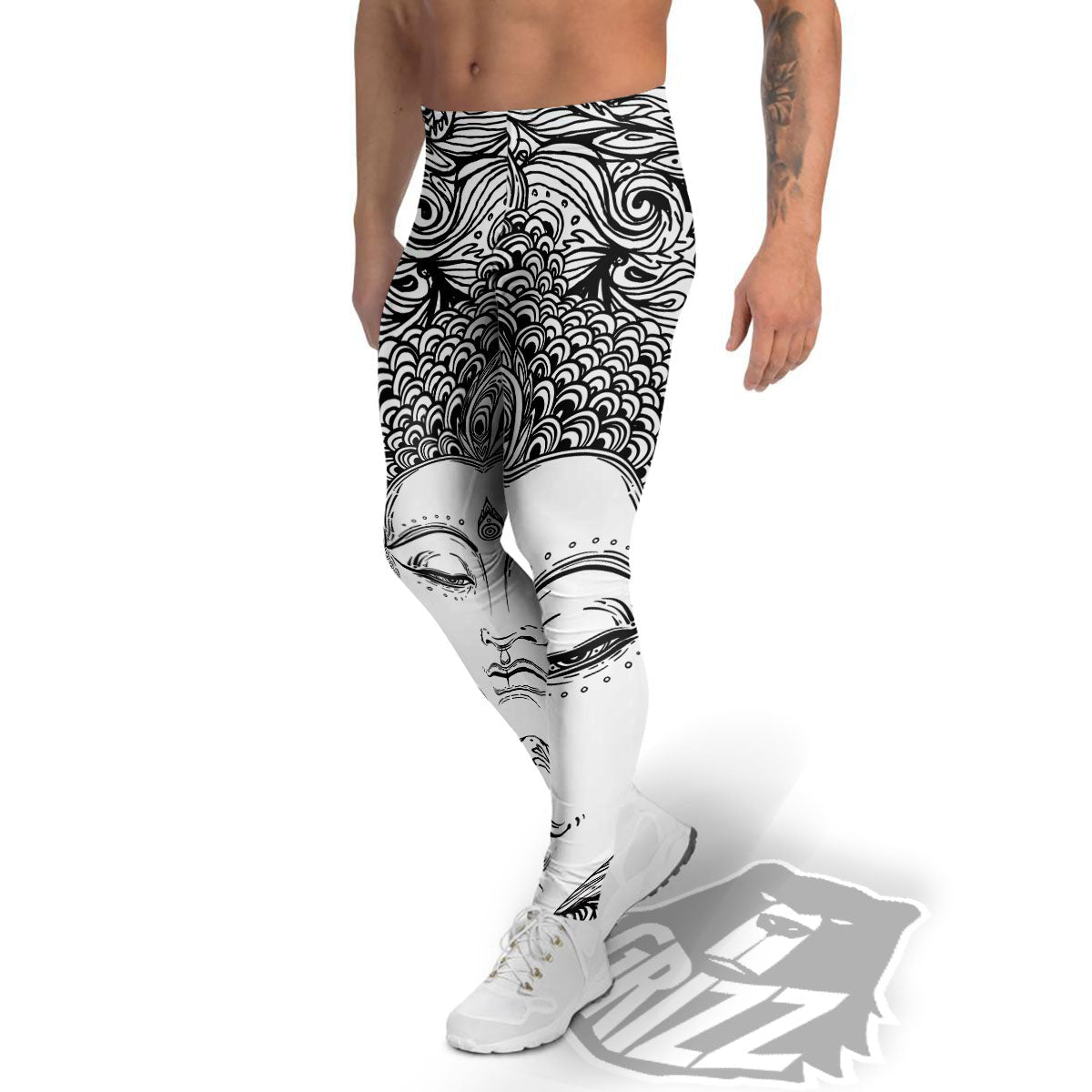 Buddha Mandala Spiritual Black White Print Men's Leggings-grizzshop